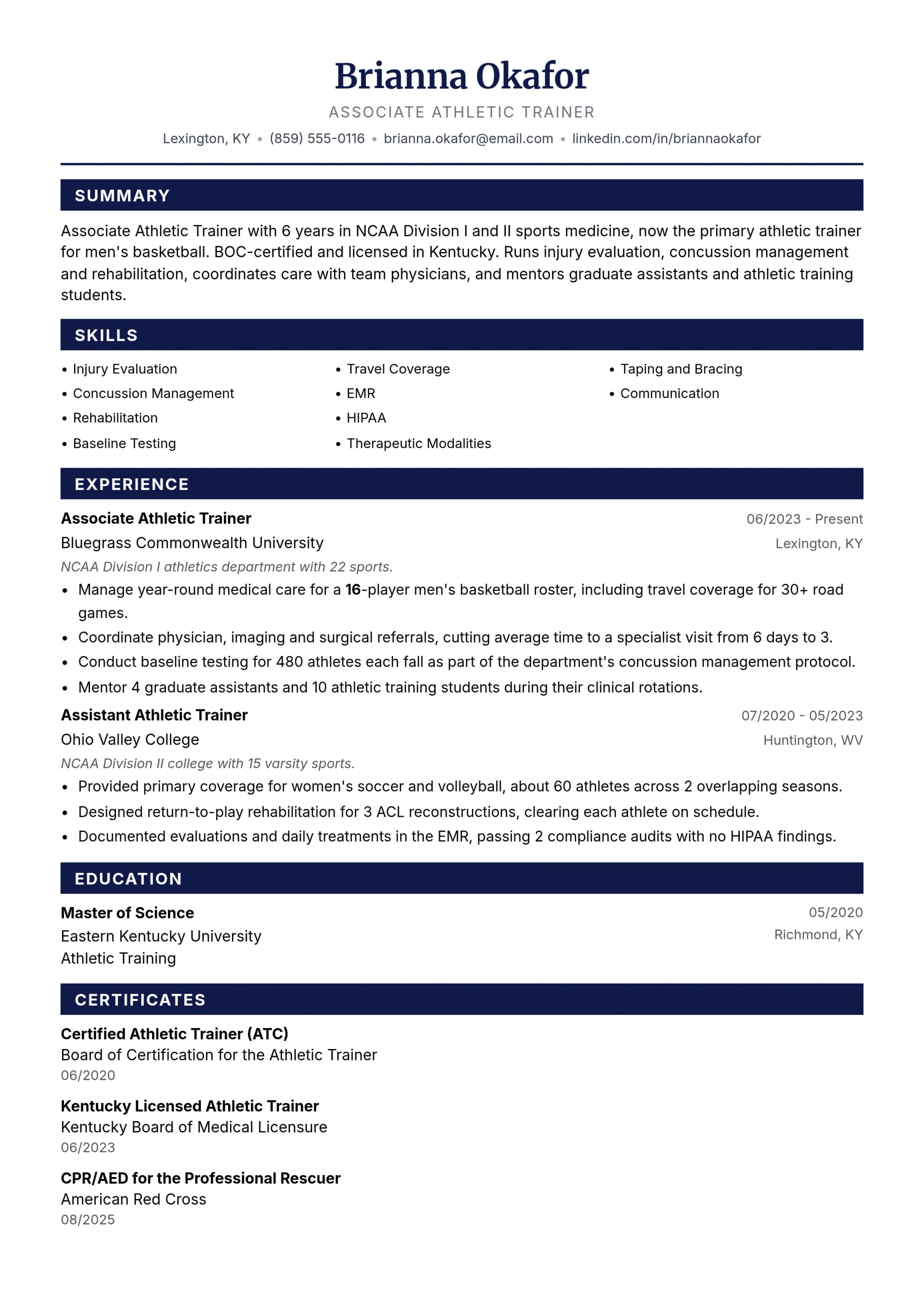 Associate Athletic Trainer resume example