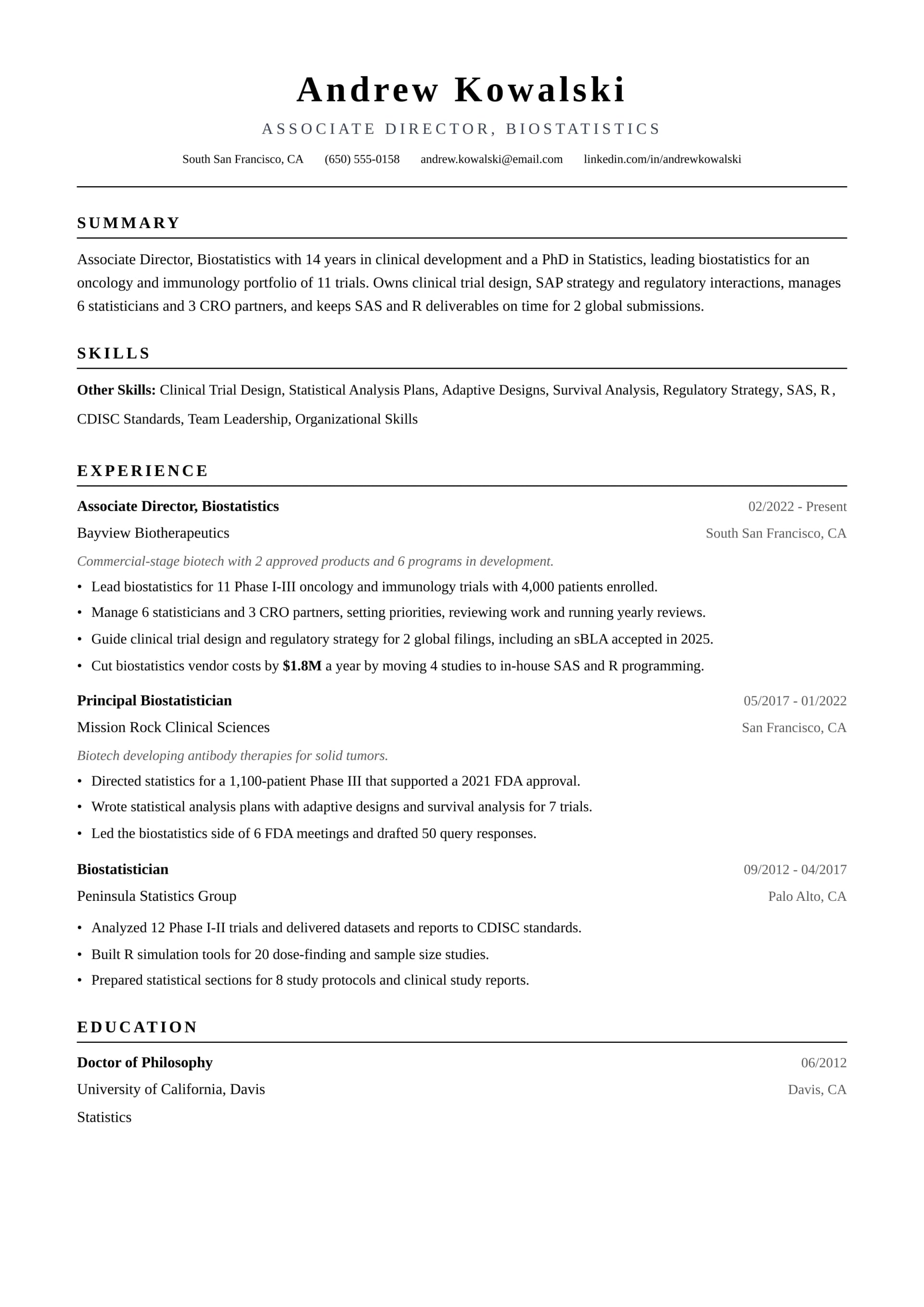Associate Director, Biostatistics resume example