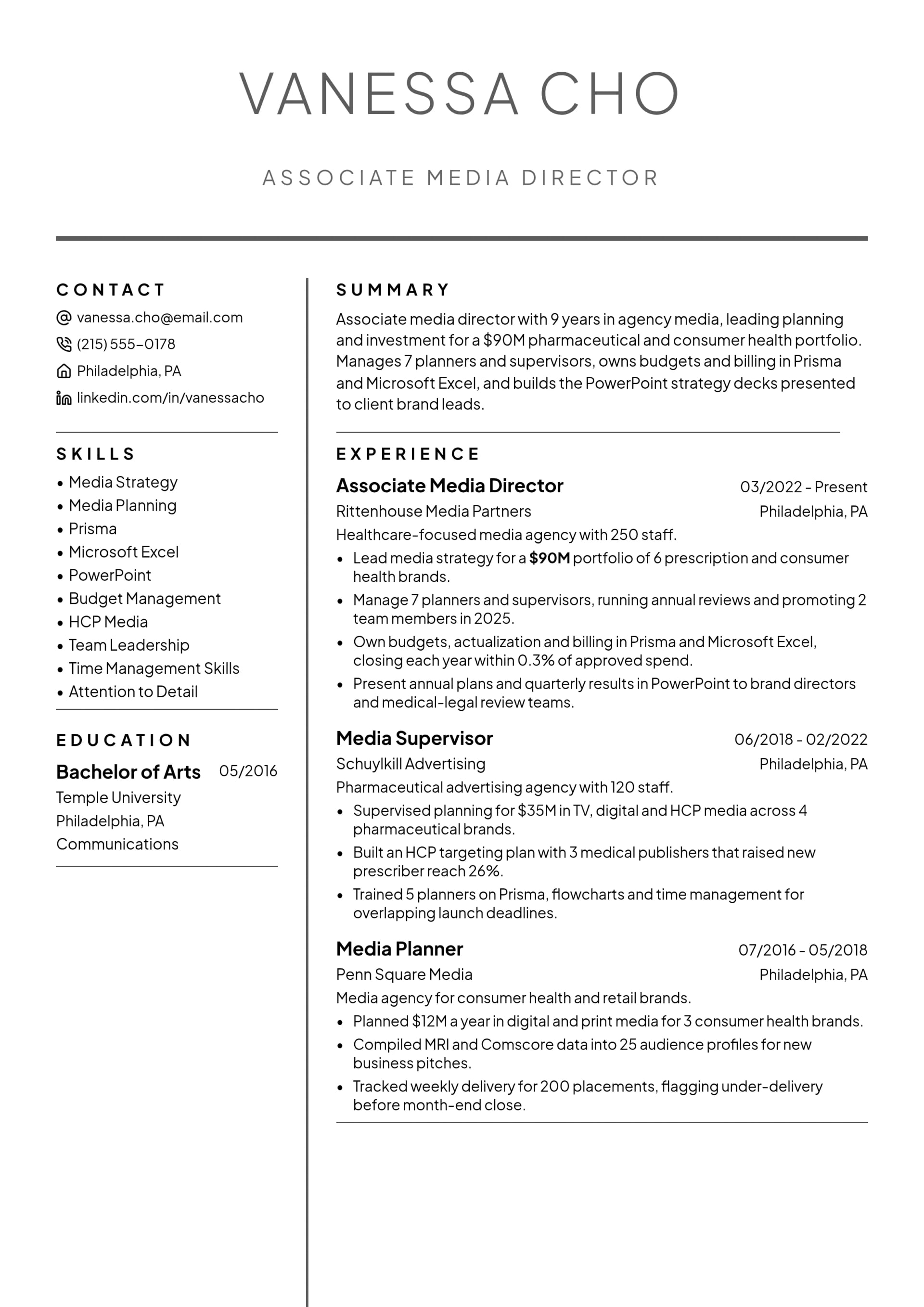 Associate Media Director resume example