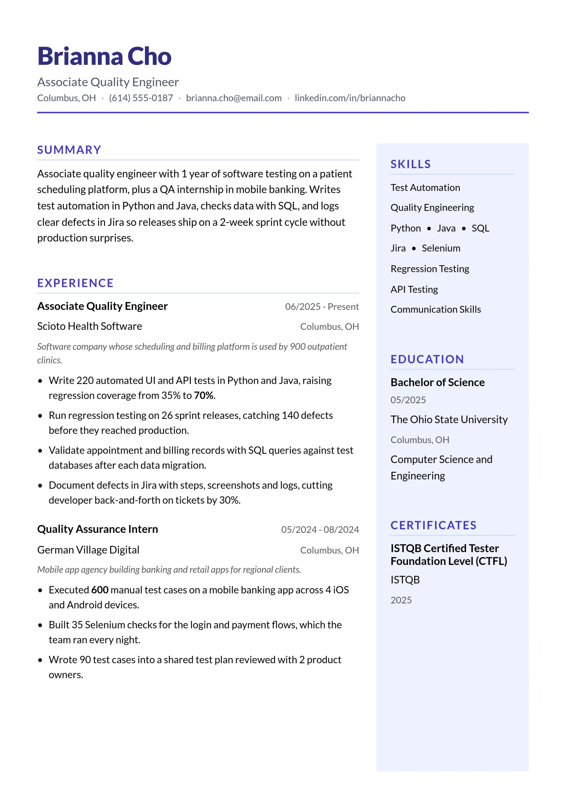 Associate Quality Engineer resume example