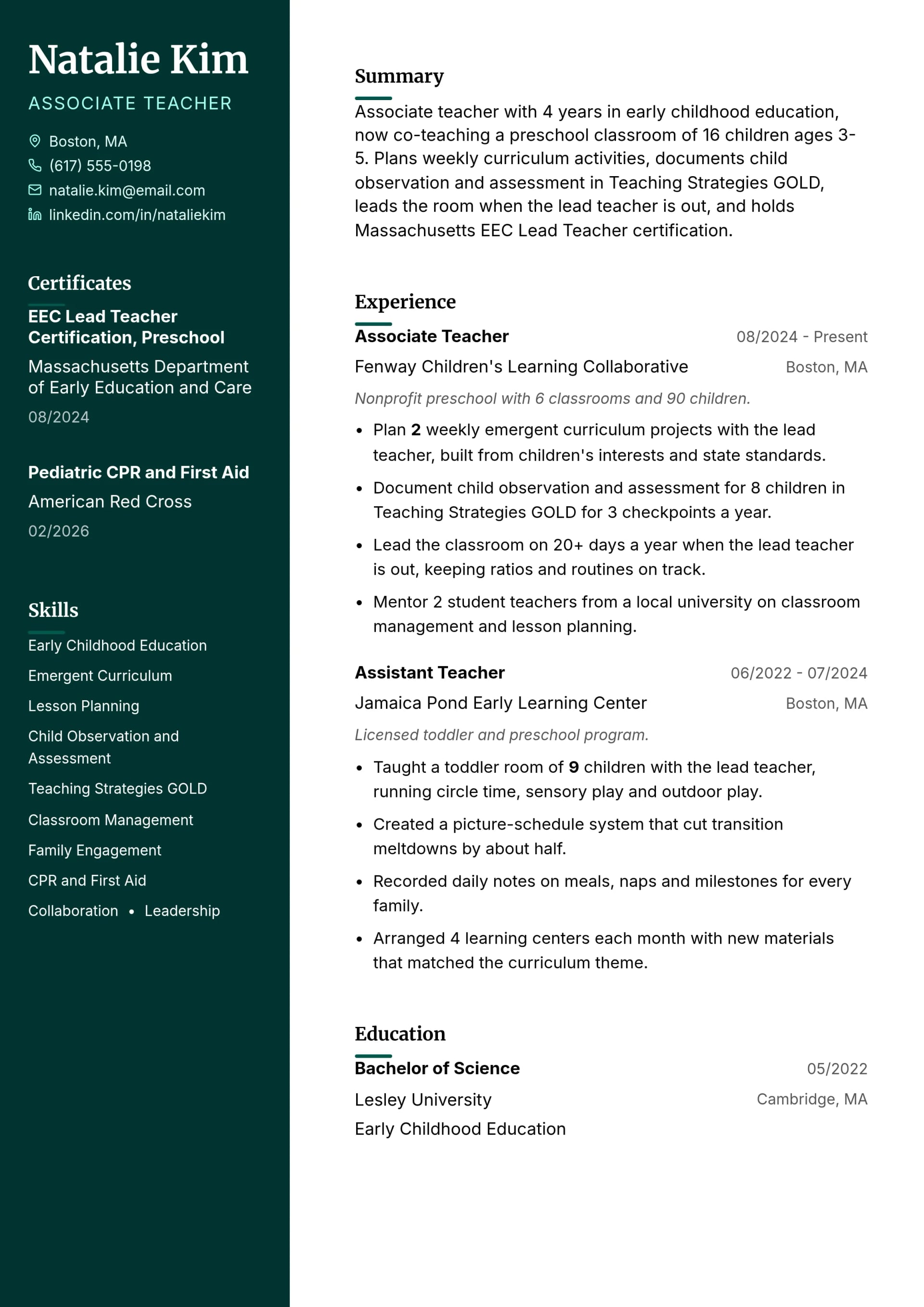 Associate Teacher resume example