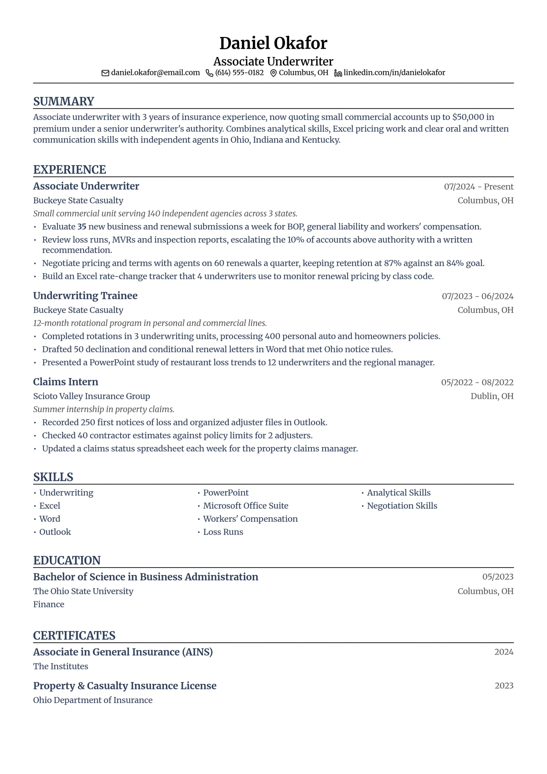 Associate Underwriter resume example