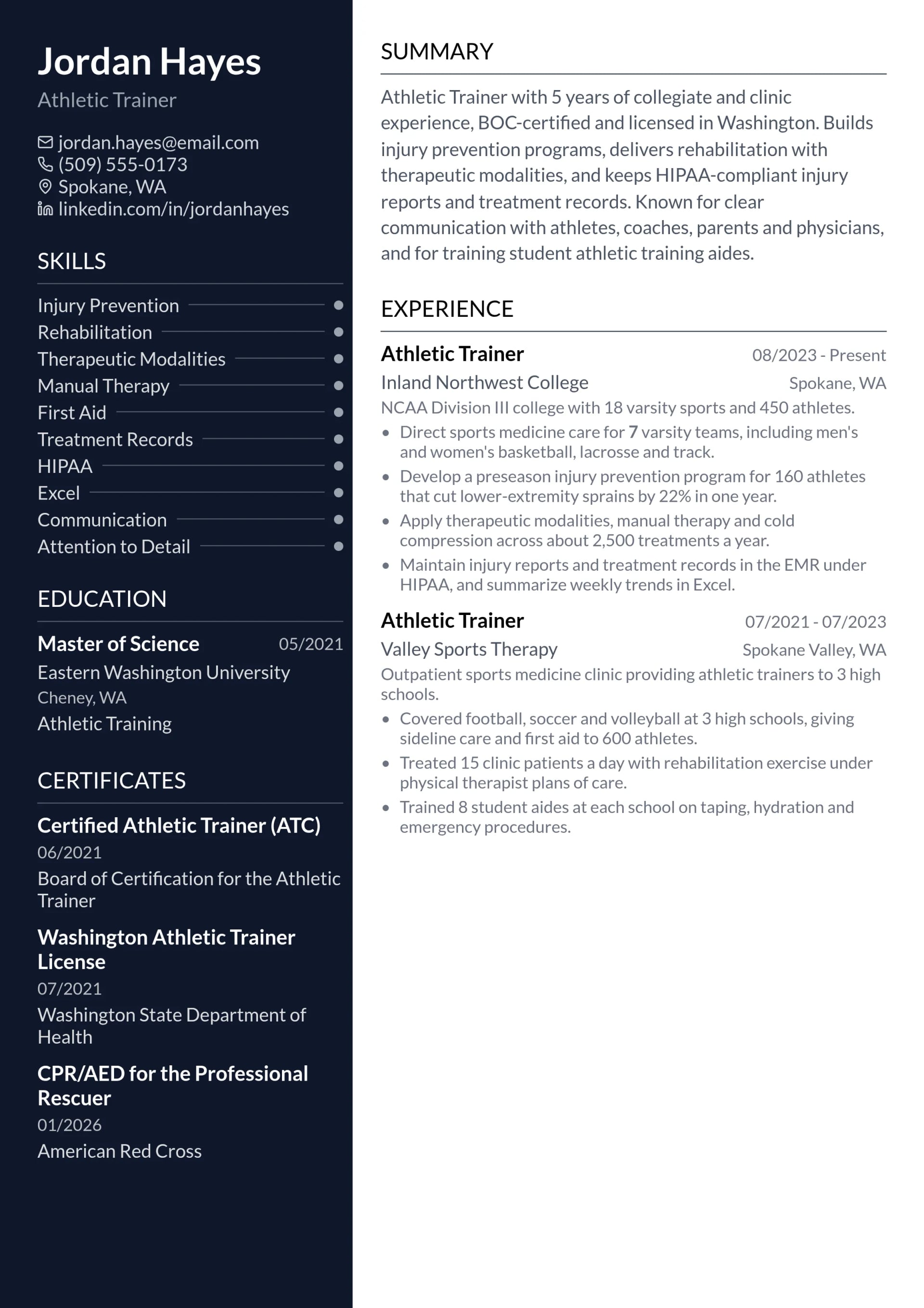 Athletic Trainer resume example