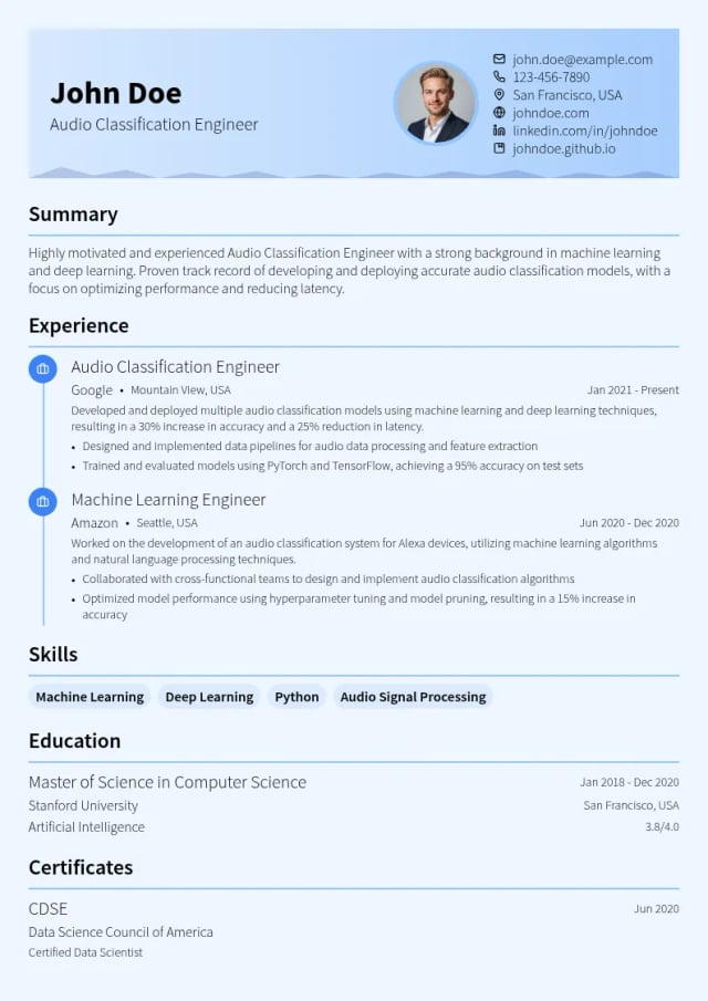 Audio Classification Engineer resume example