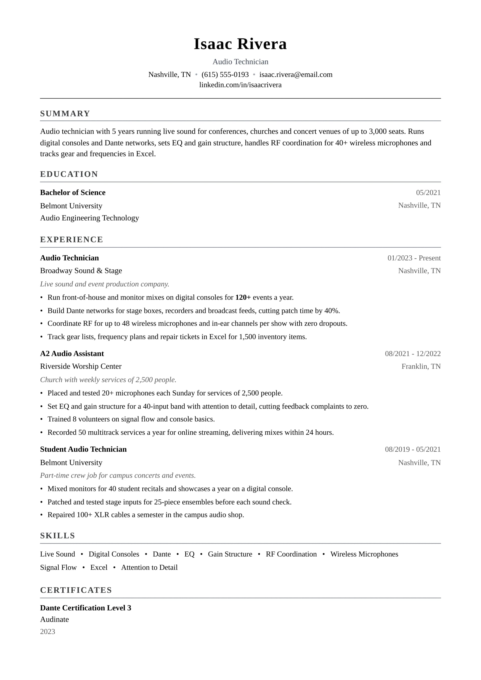 Audio Technician resume example