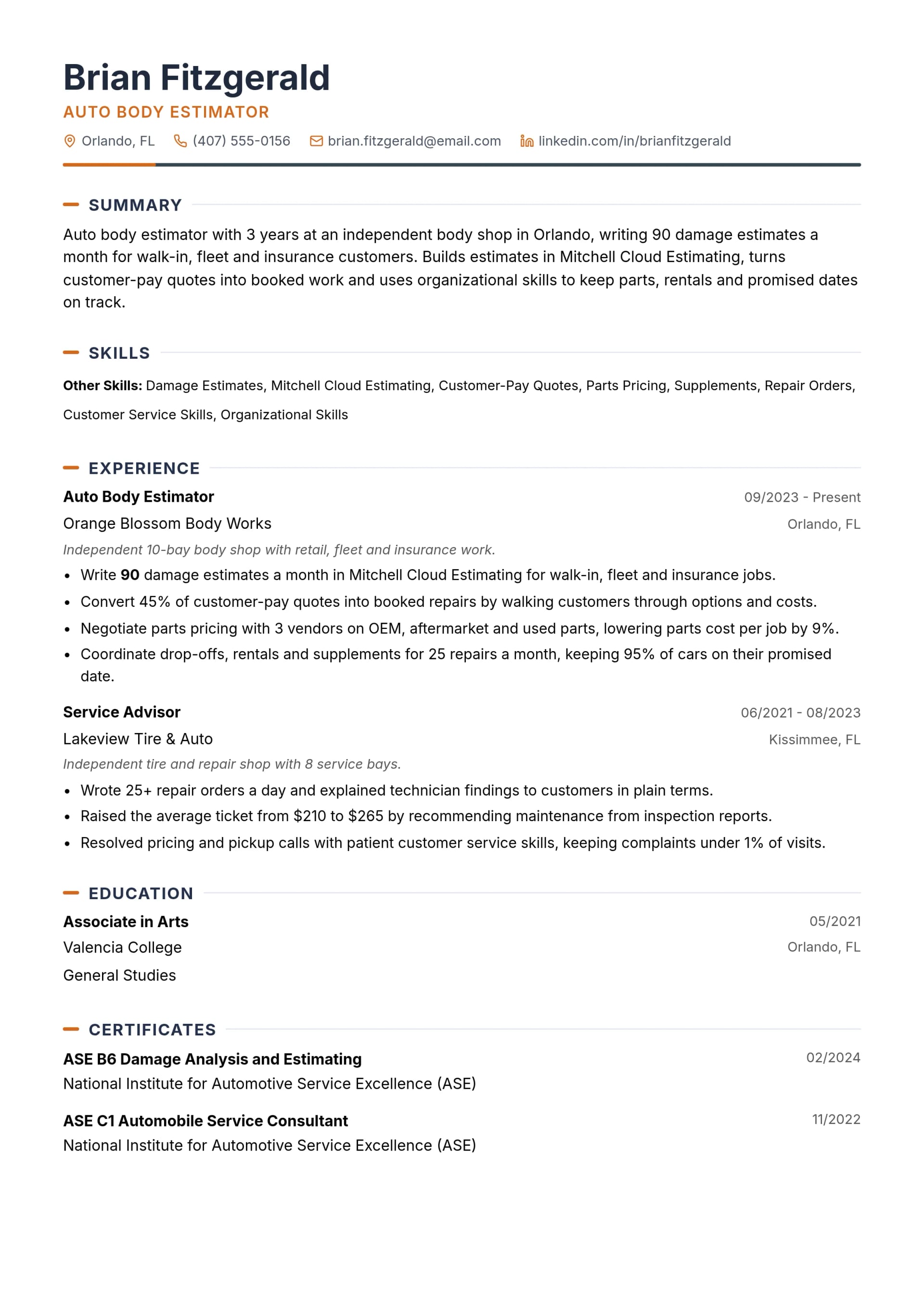 Auto Body Estimator resume example