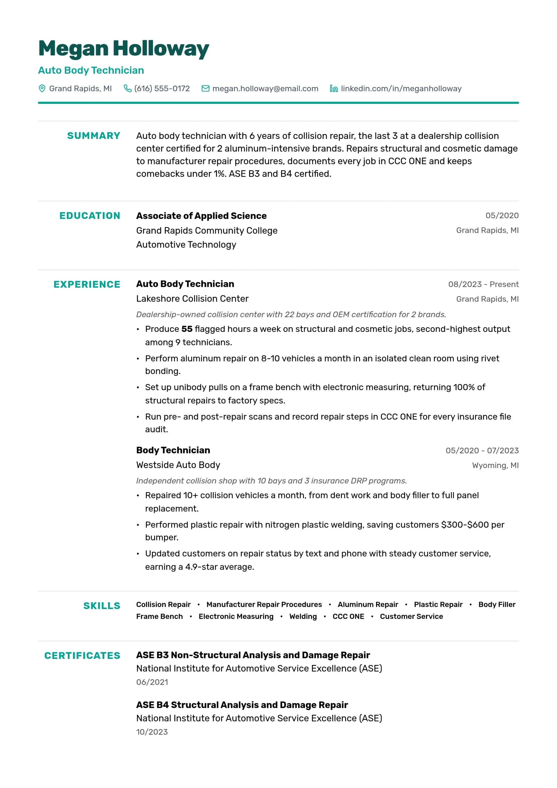 Auto Body Technician resume example