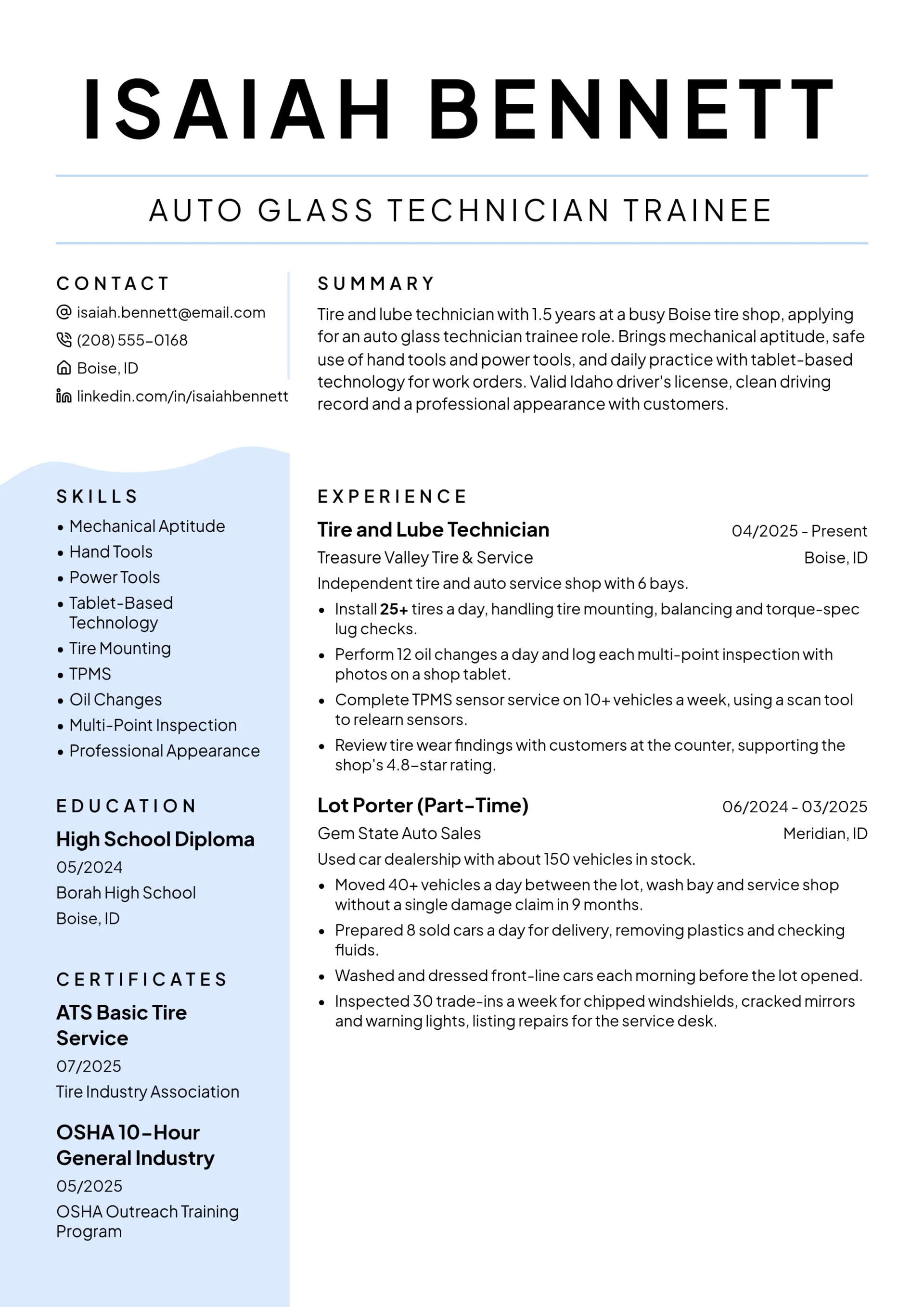 Auto Glass Technician Trainee resume example