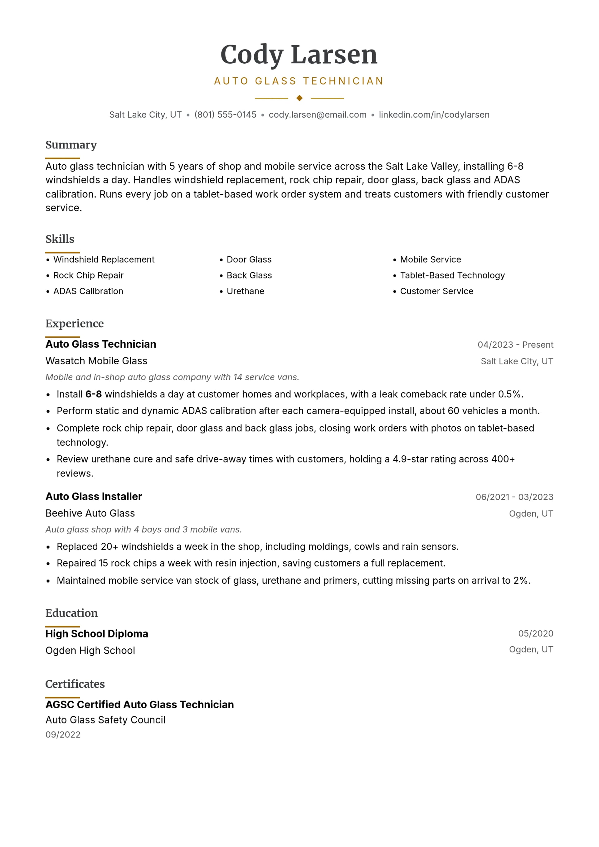 Auto Glass Technician resume example