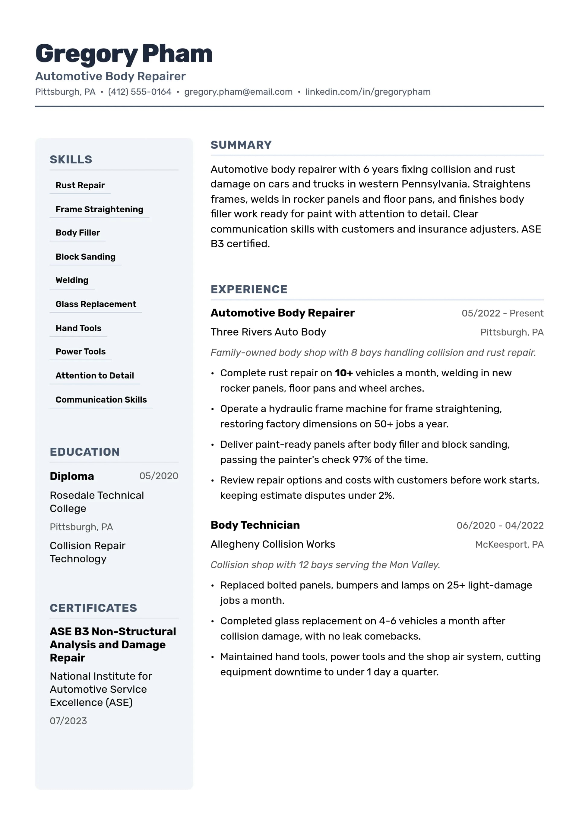 Automotive Body Repairer resume example
