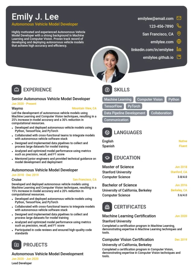Autonomous Vehicle Model Developer resume example