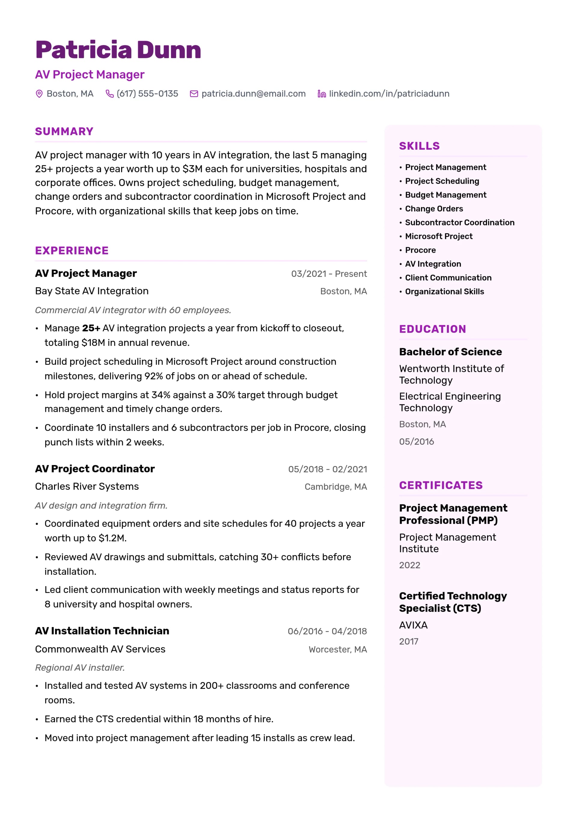 AV Project Manager resume example