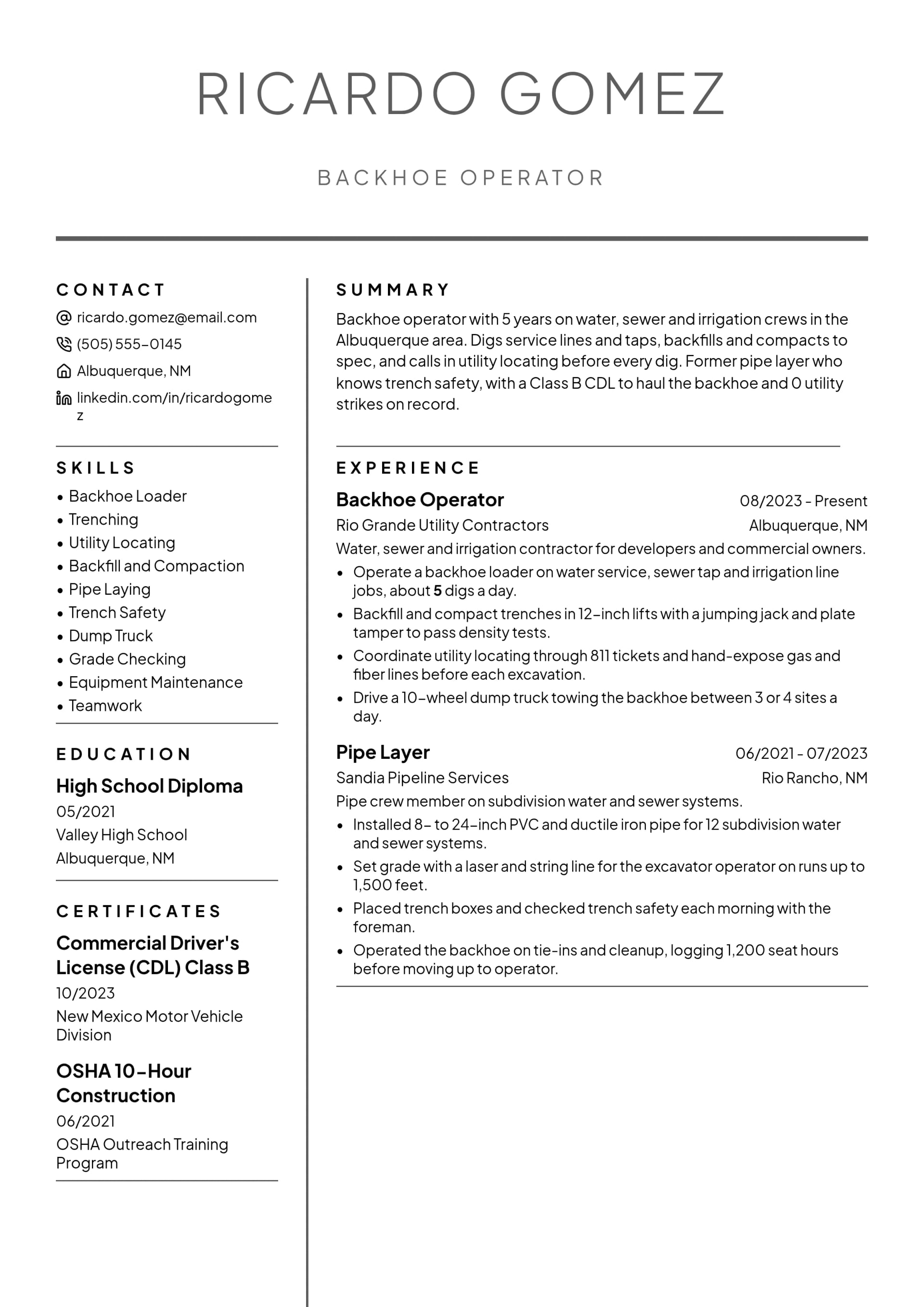 Backhoe Operator resume example