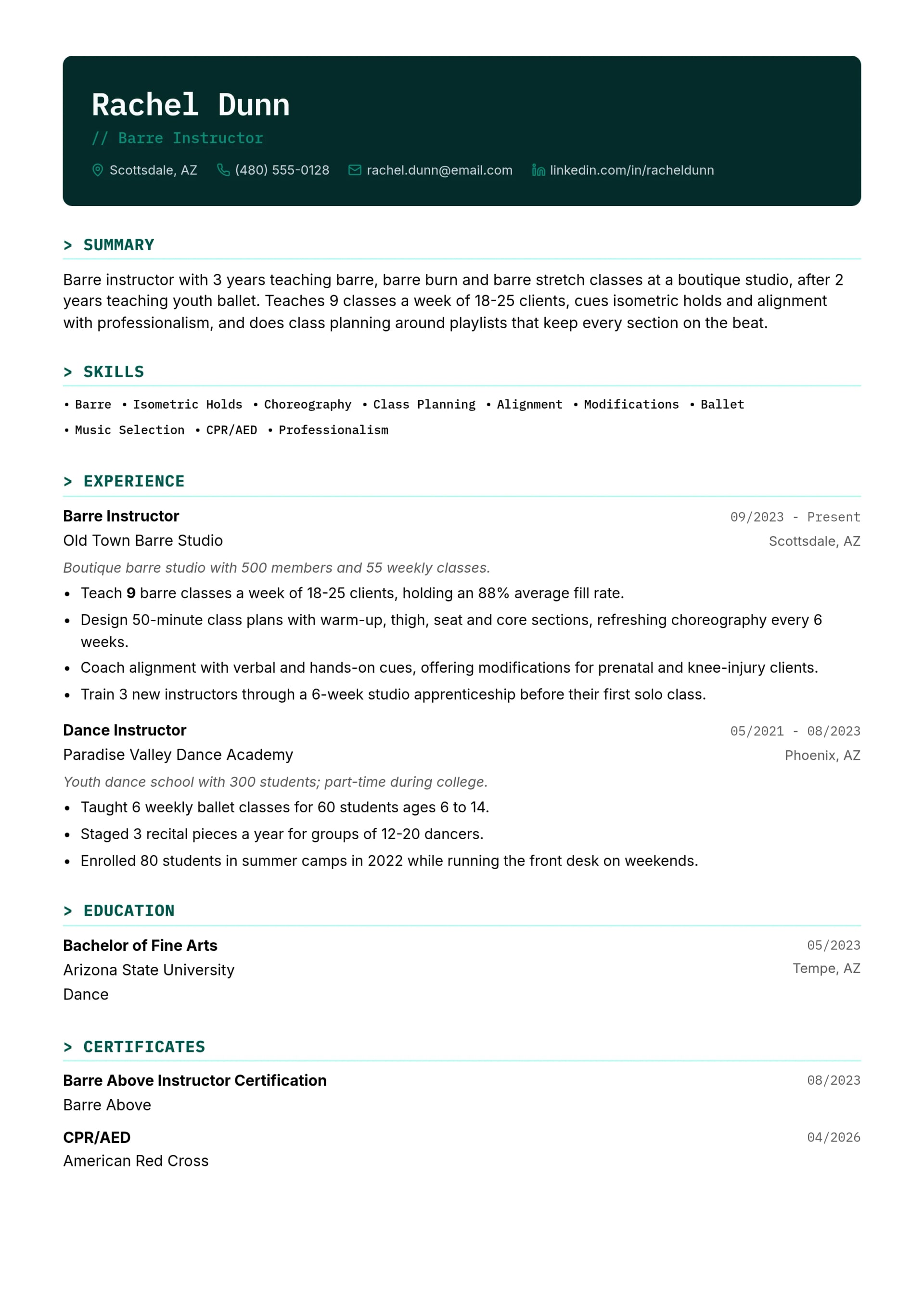 Barre Instructor resume example