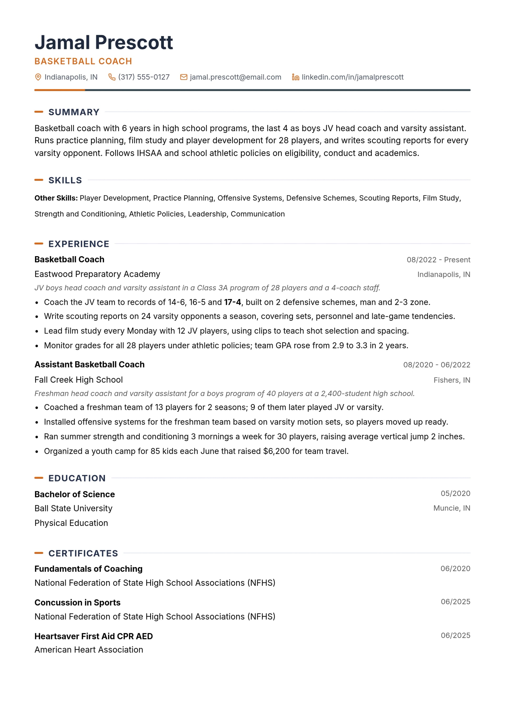 Basketball Coach resume example
