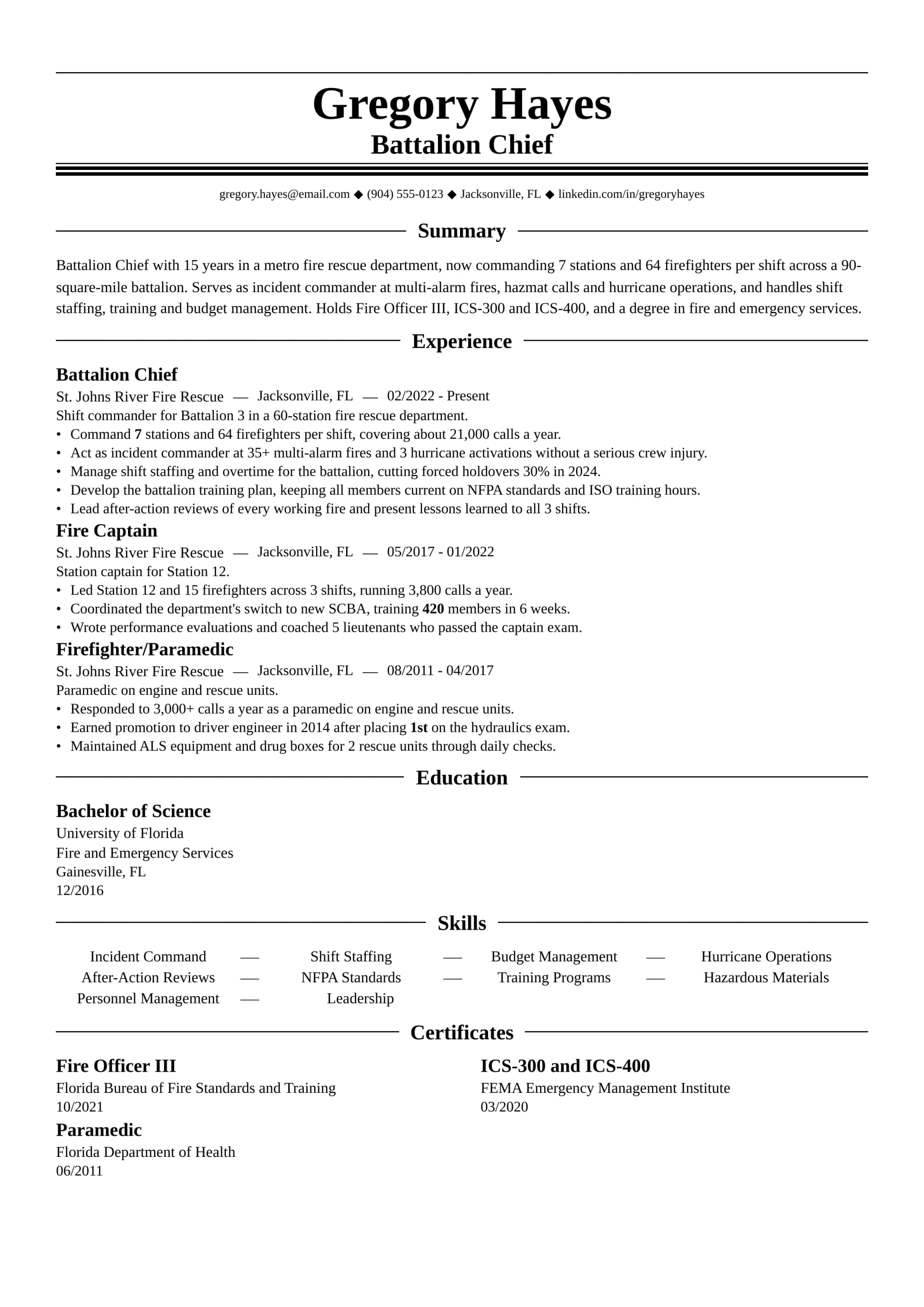 Battalion Chief resume example