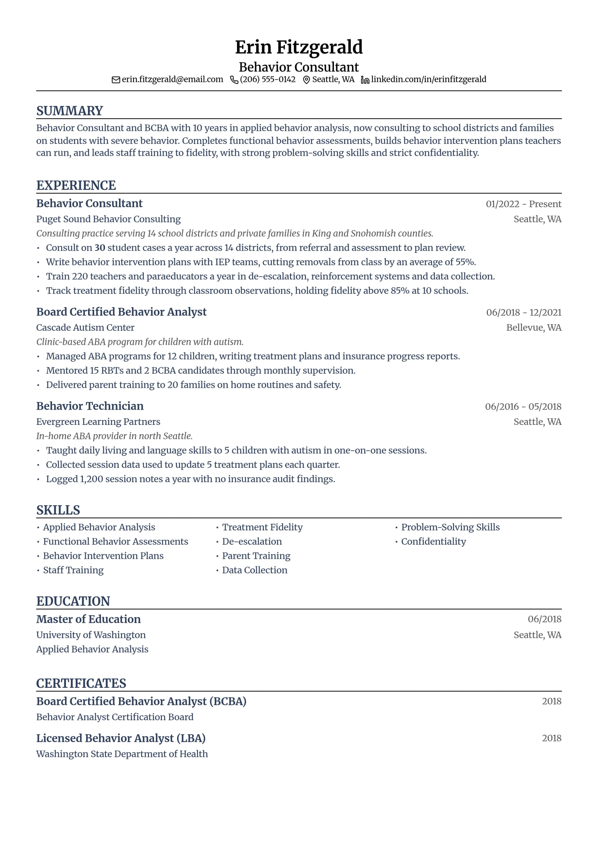 Behavior Consultant resume example