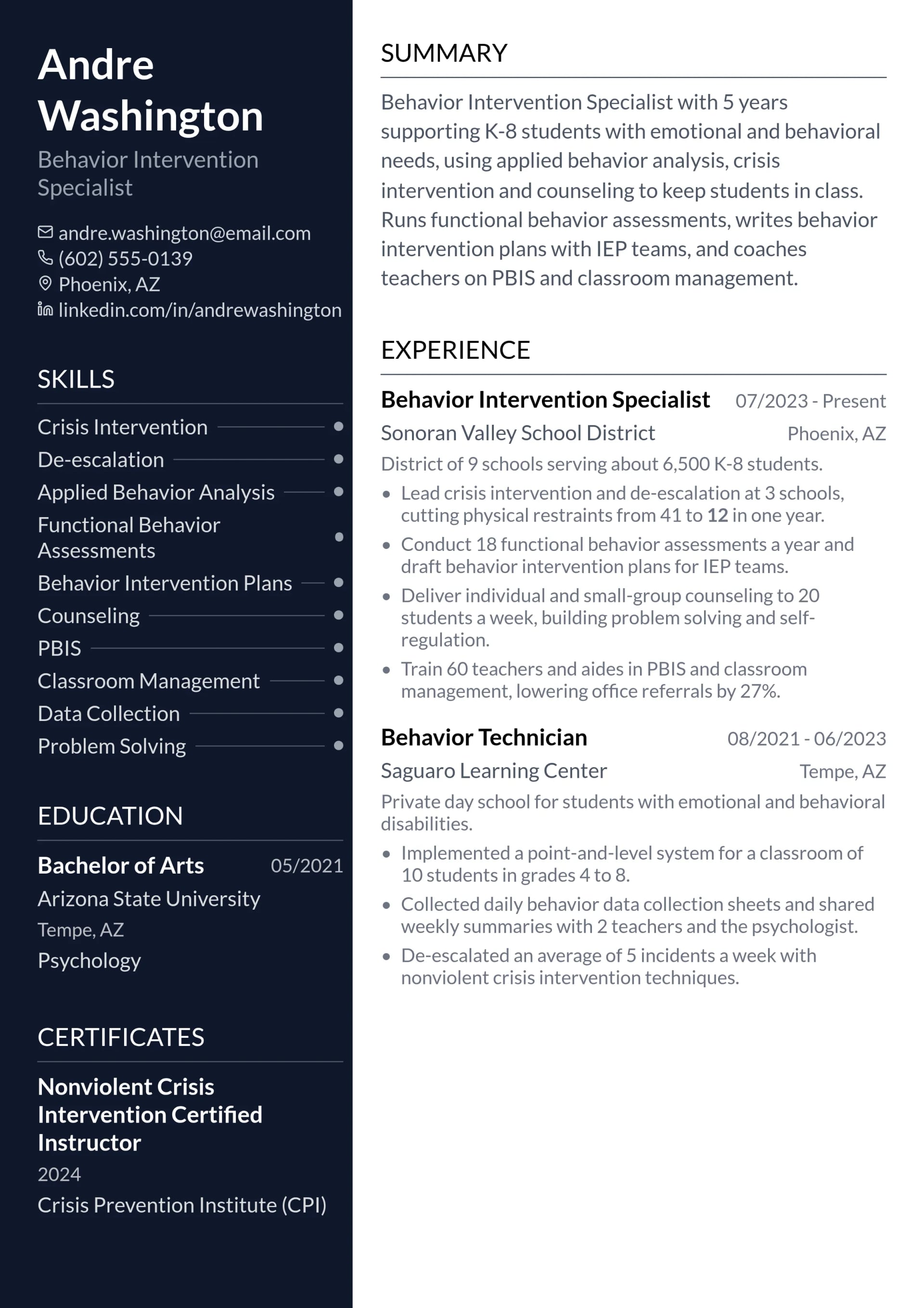 Behavior Intervention Specialist resume example
