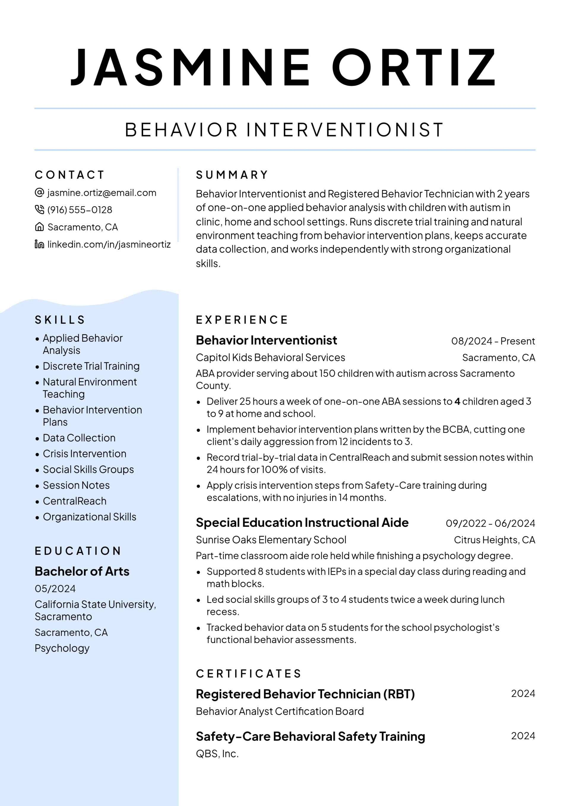 Behavior Interventionist resume example