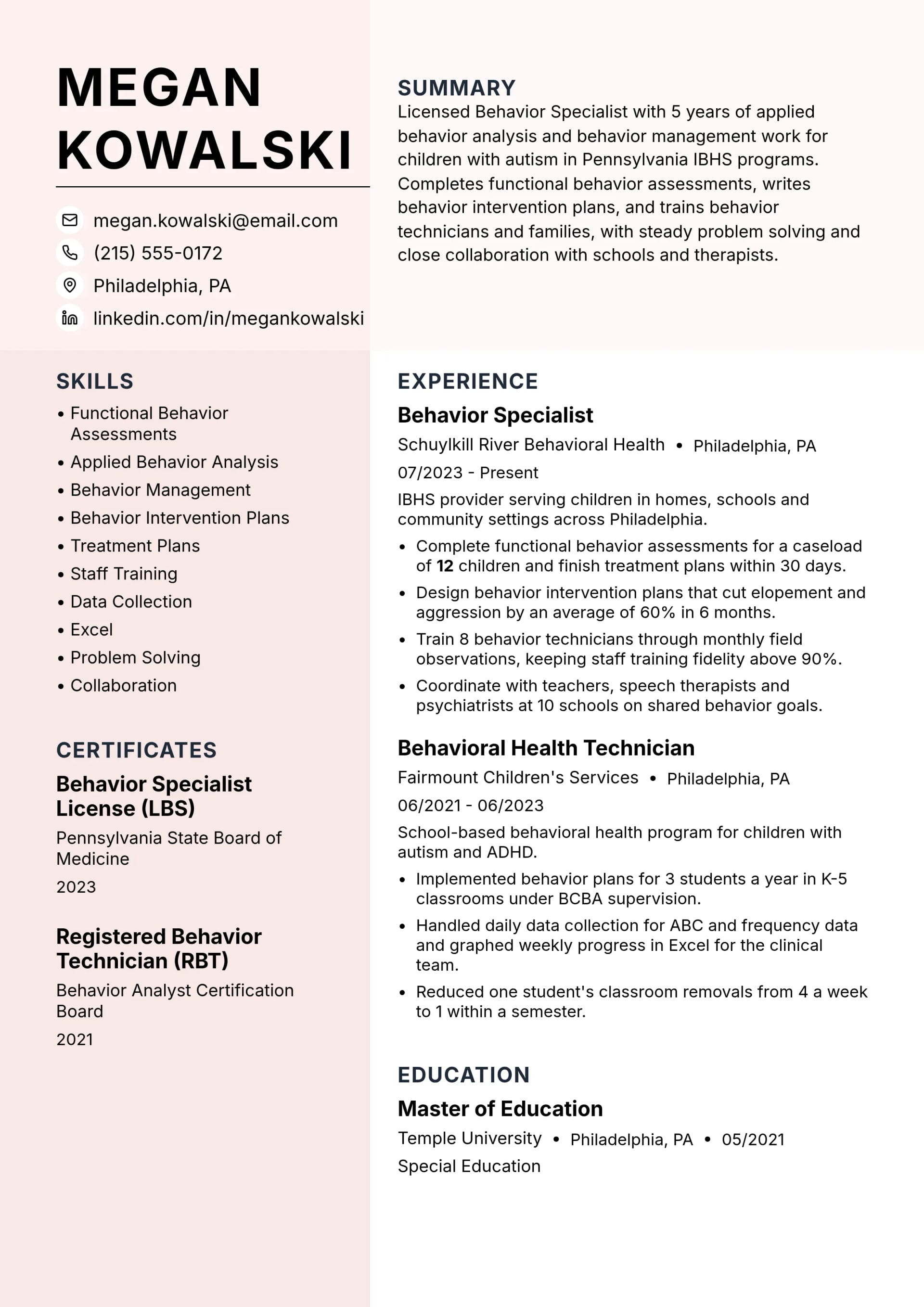 Behavior Specialist resume example