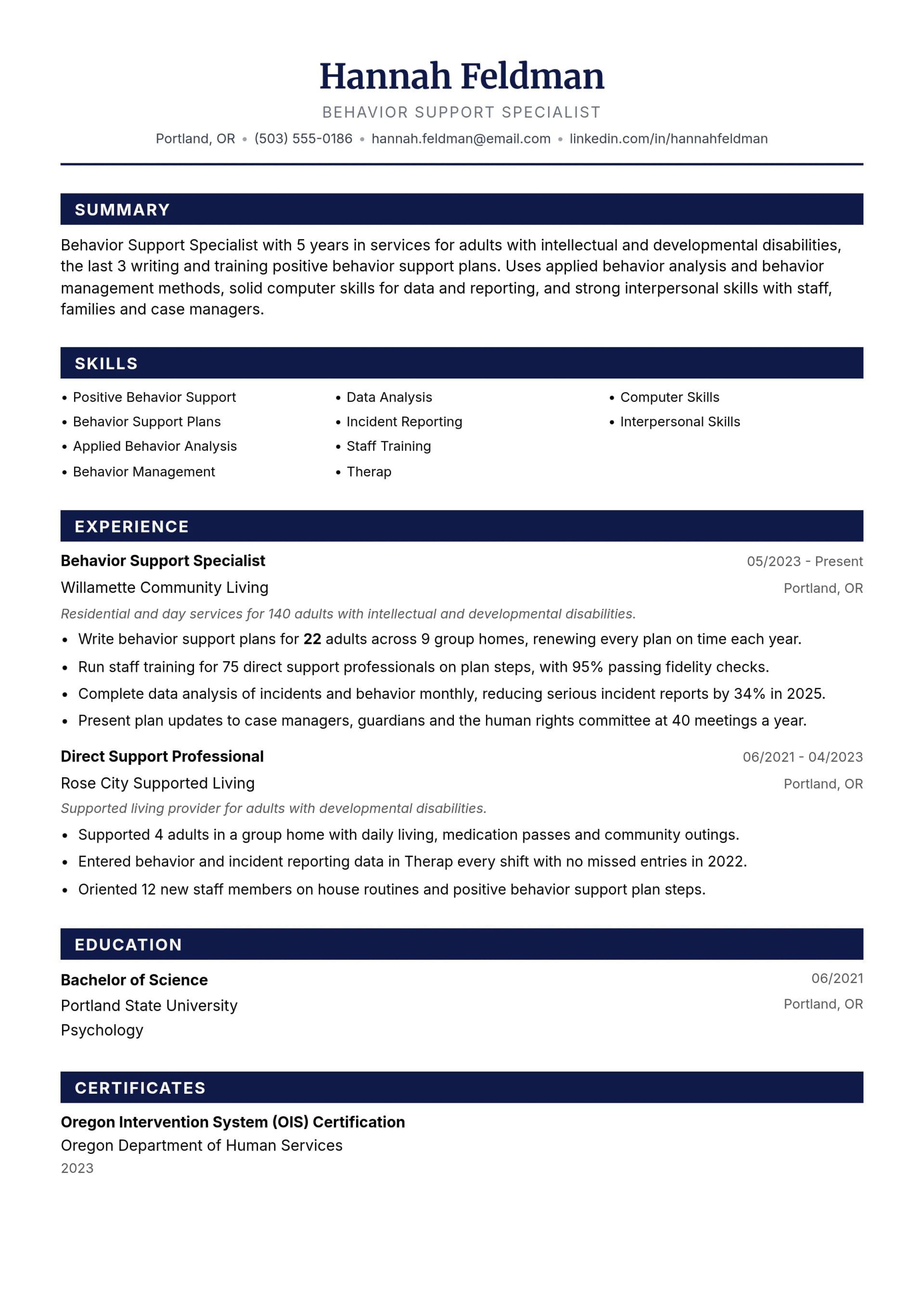 Behavior Support Specialist resume example