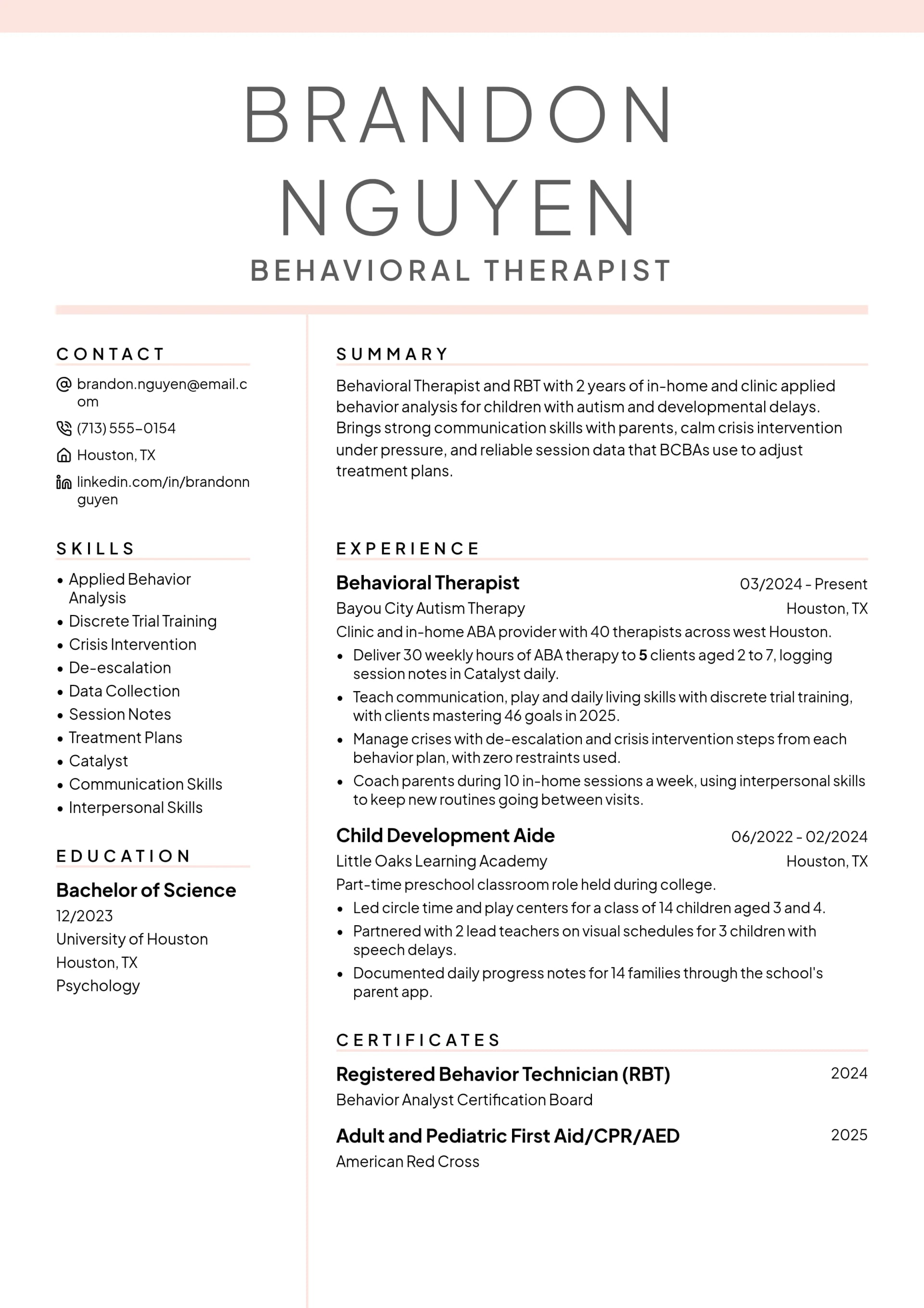Behavioral Therapist resume example