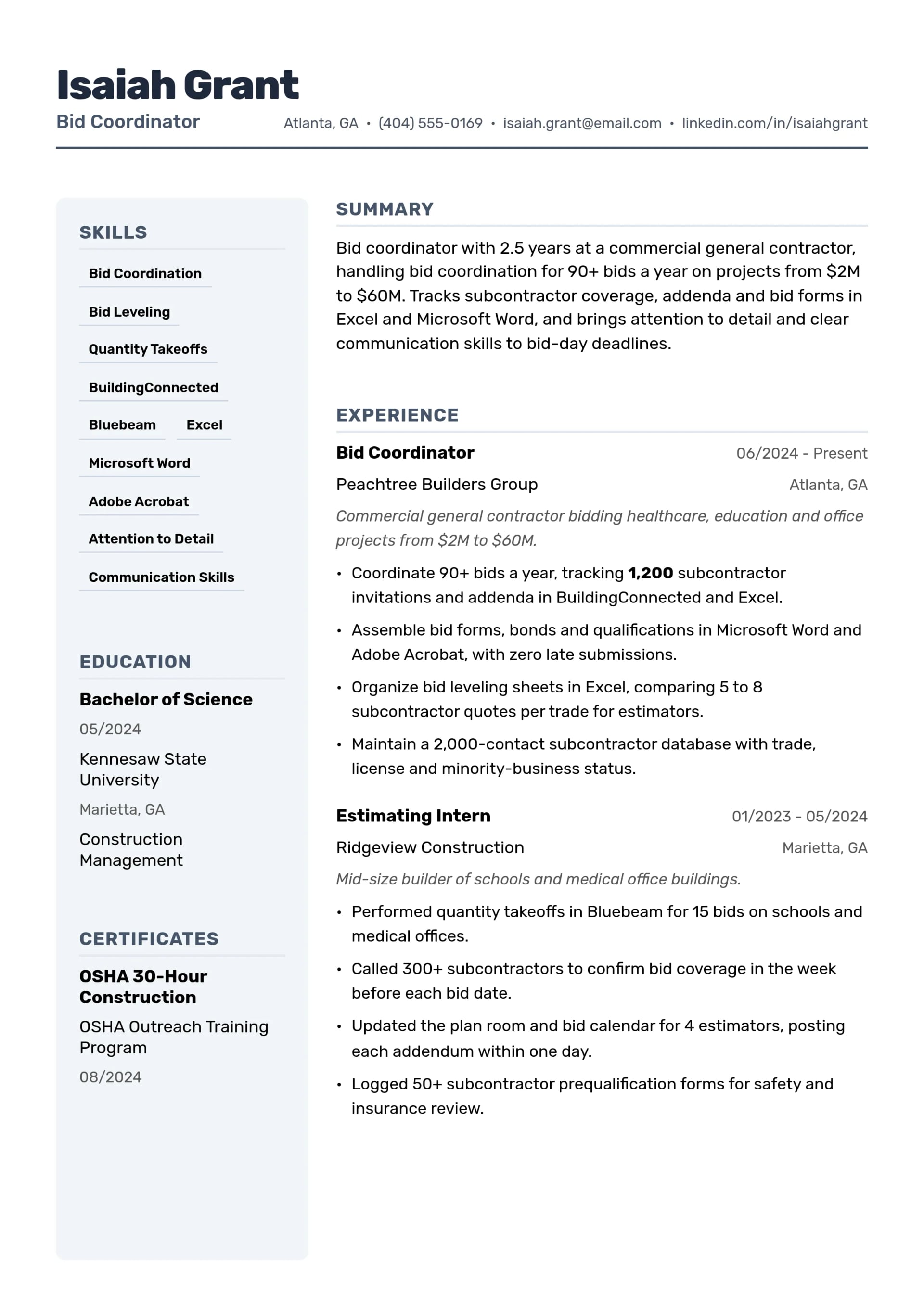 Bid Coordinator resume example