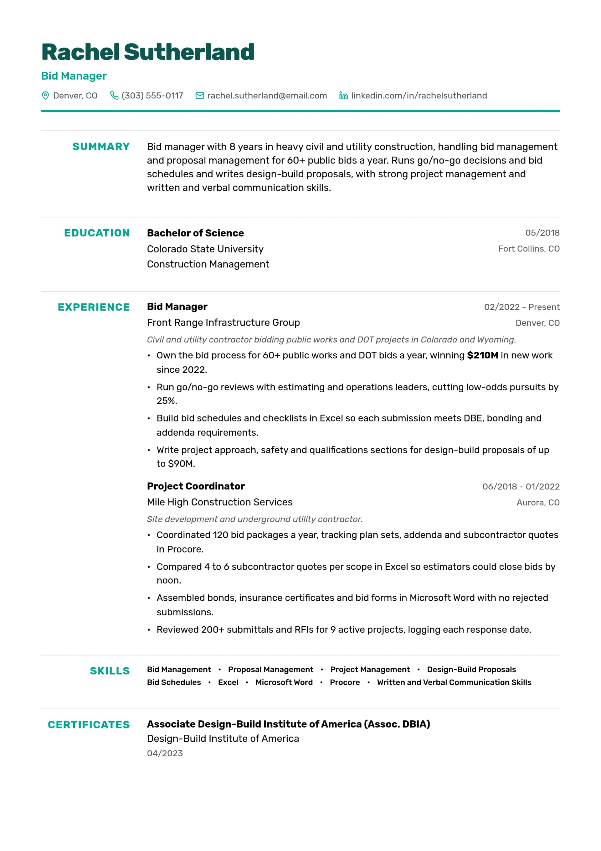 Bid Manager resume example