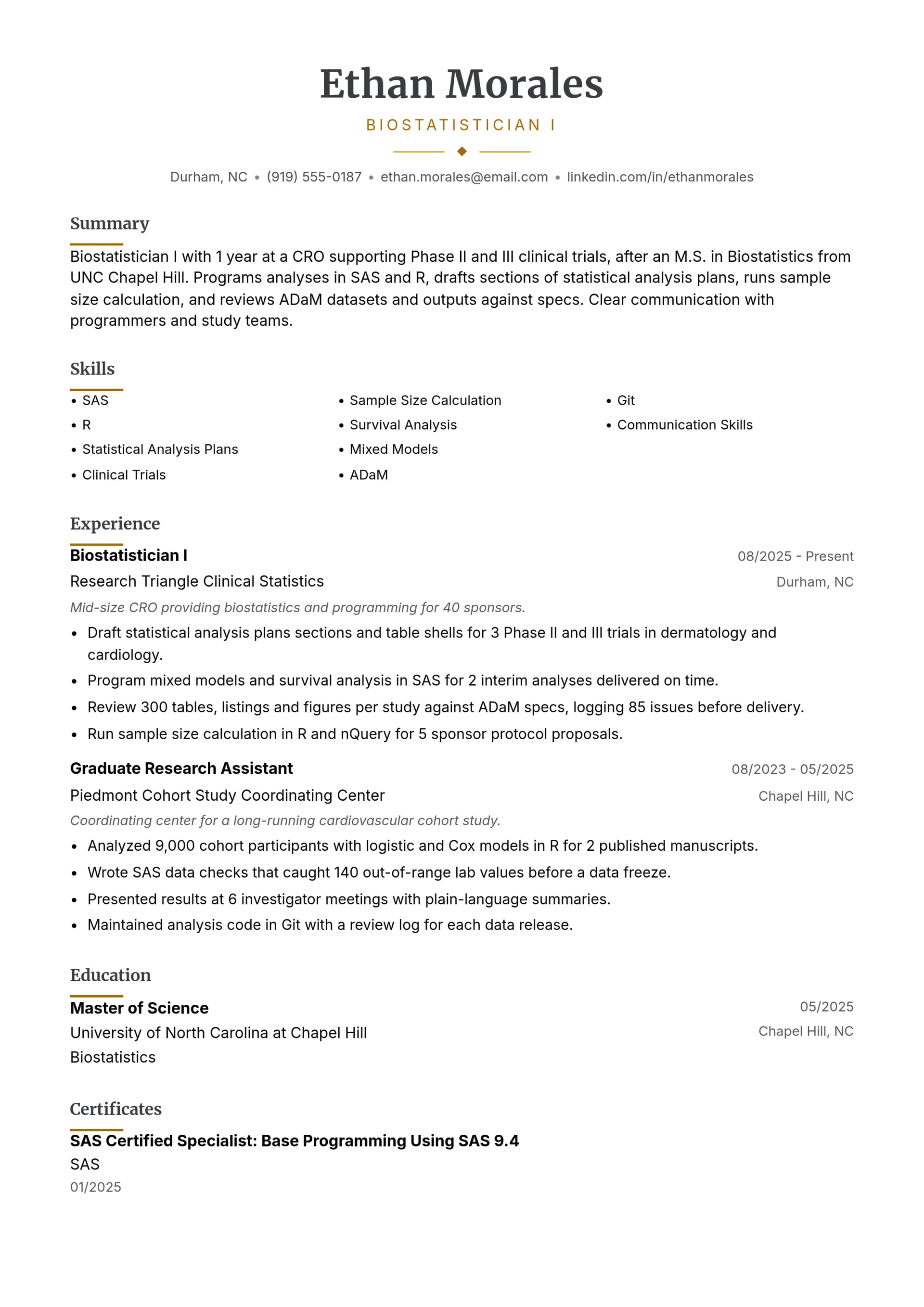 Biostatistician I resume example