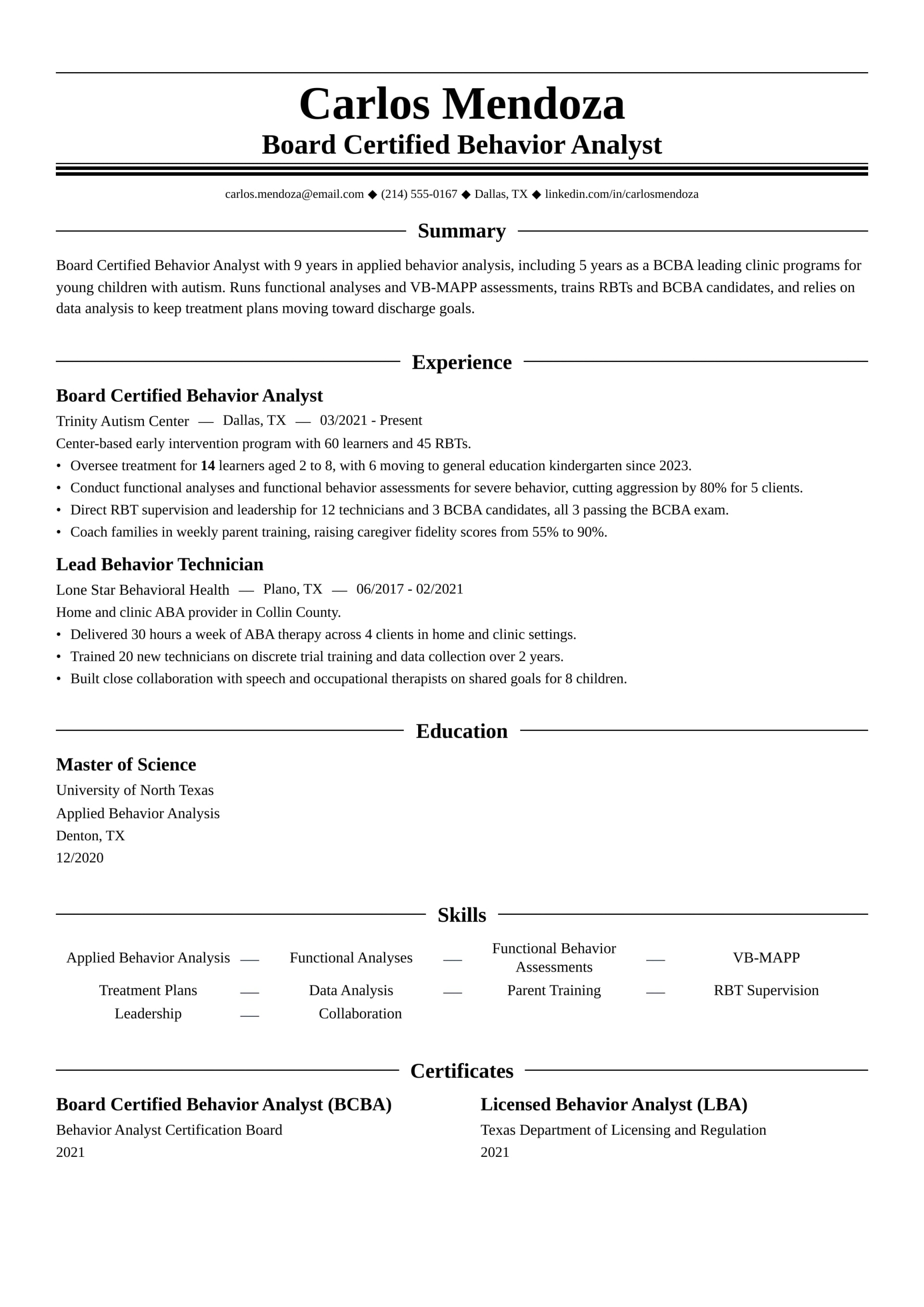 Board Certified Behavior Analyst resume example