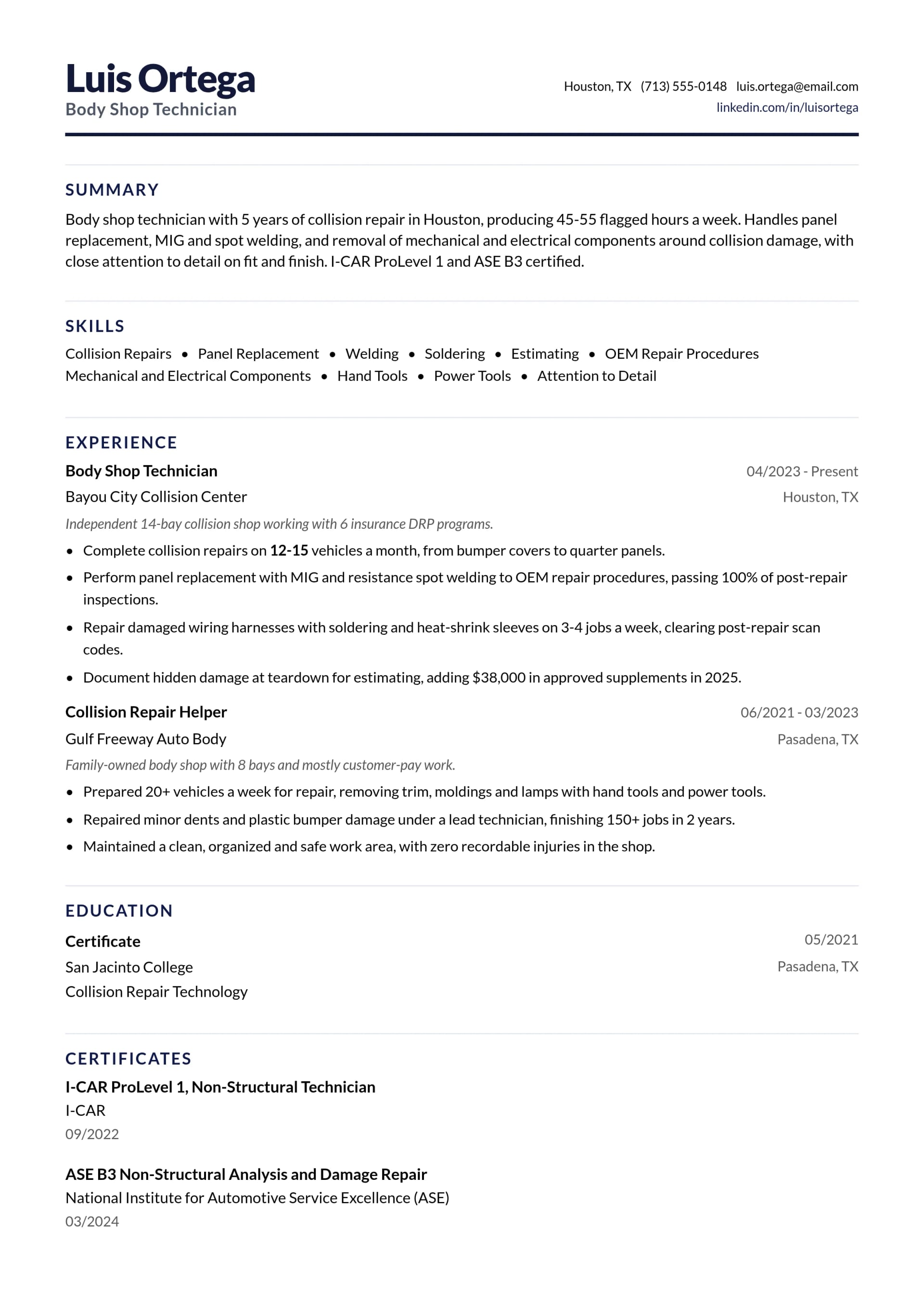 Body Shop Technician resume example