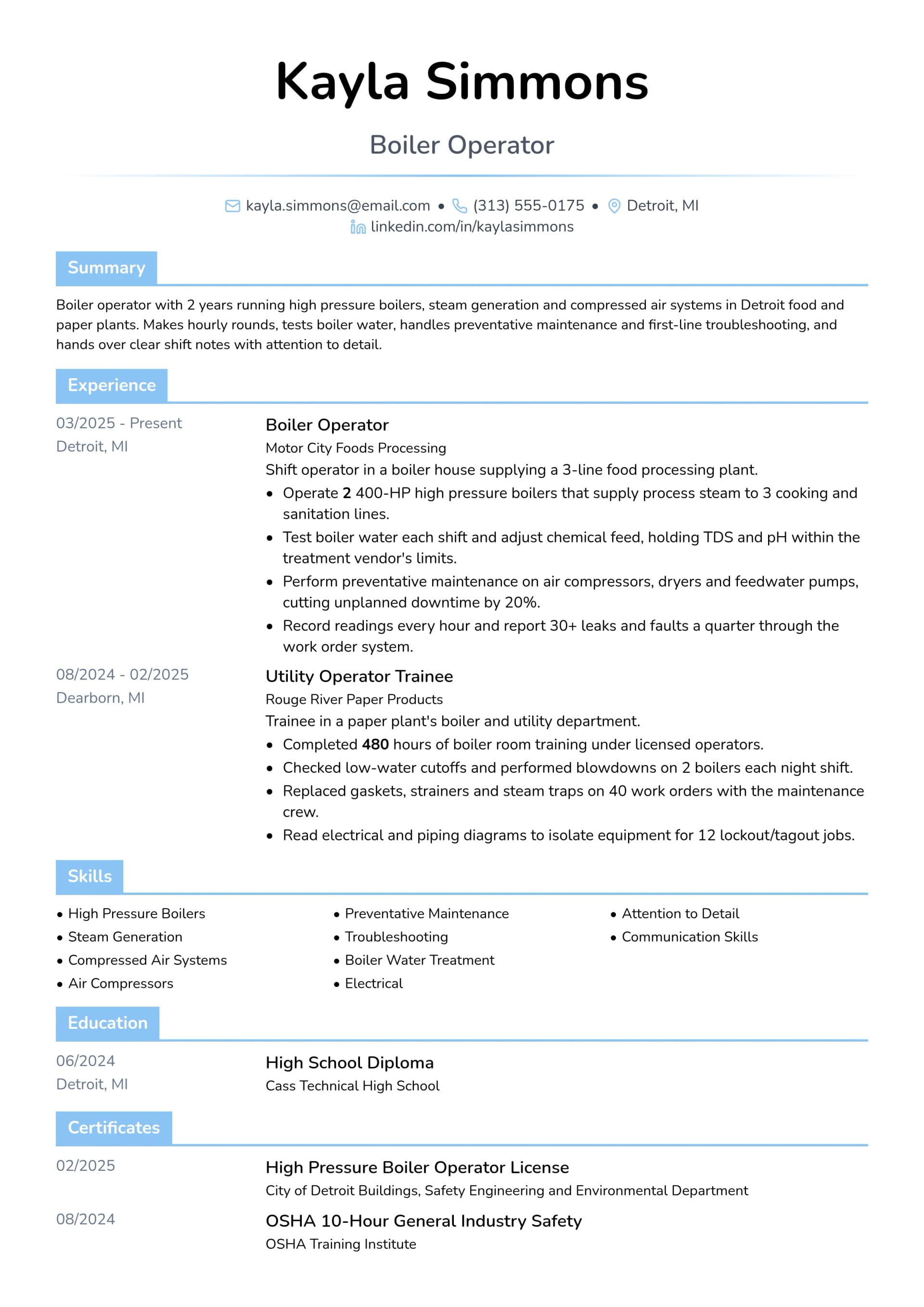 Boiler Operator resume example