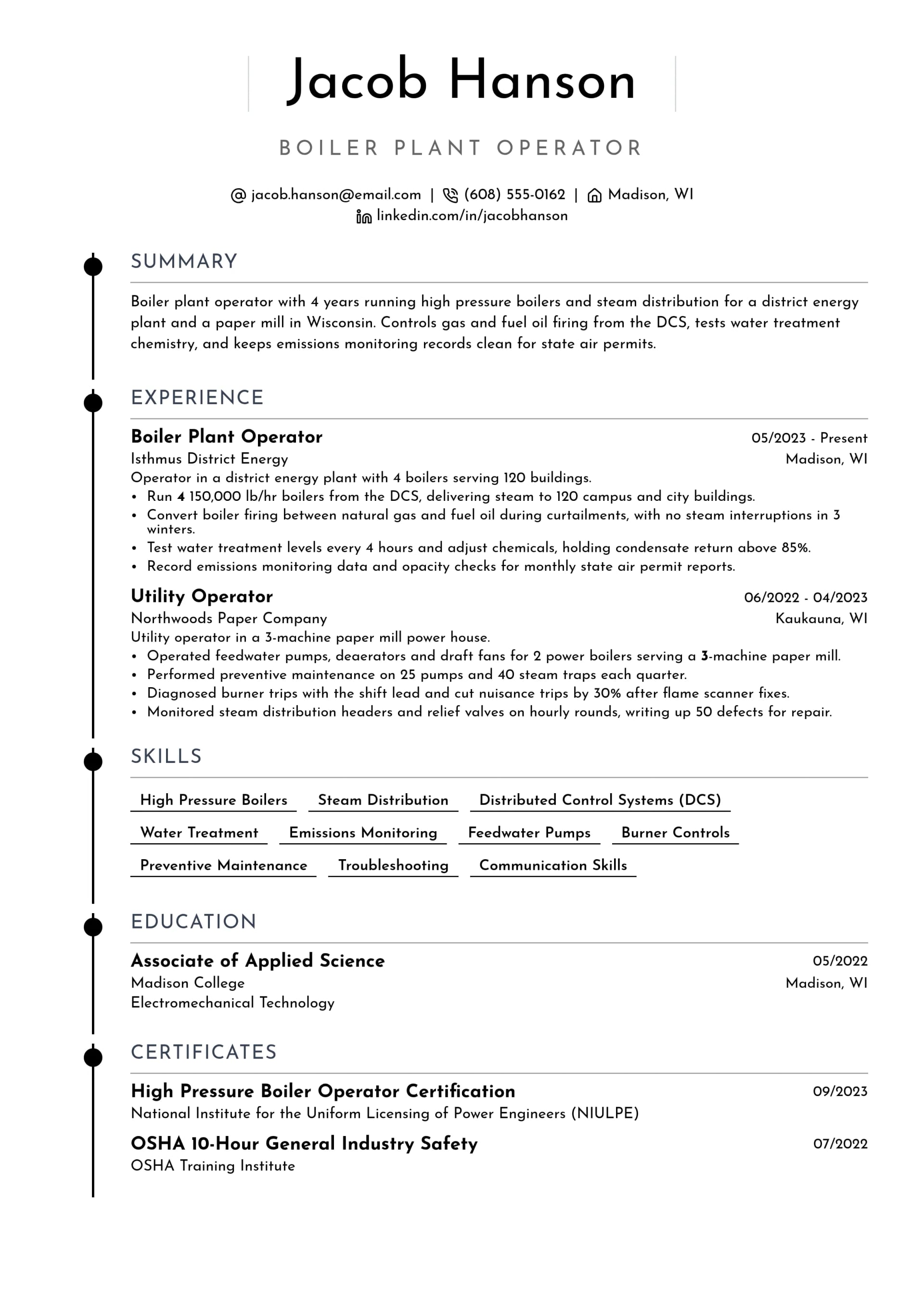 Boiler Plant Operator resume example