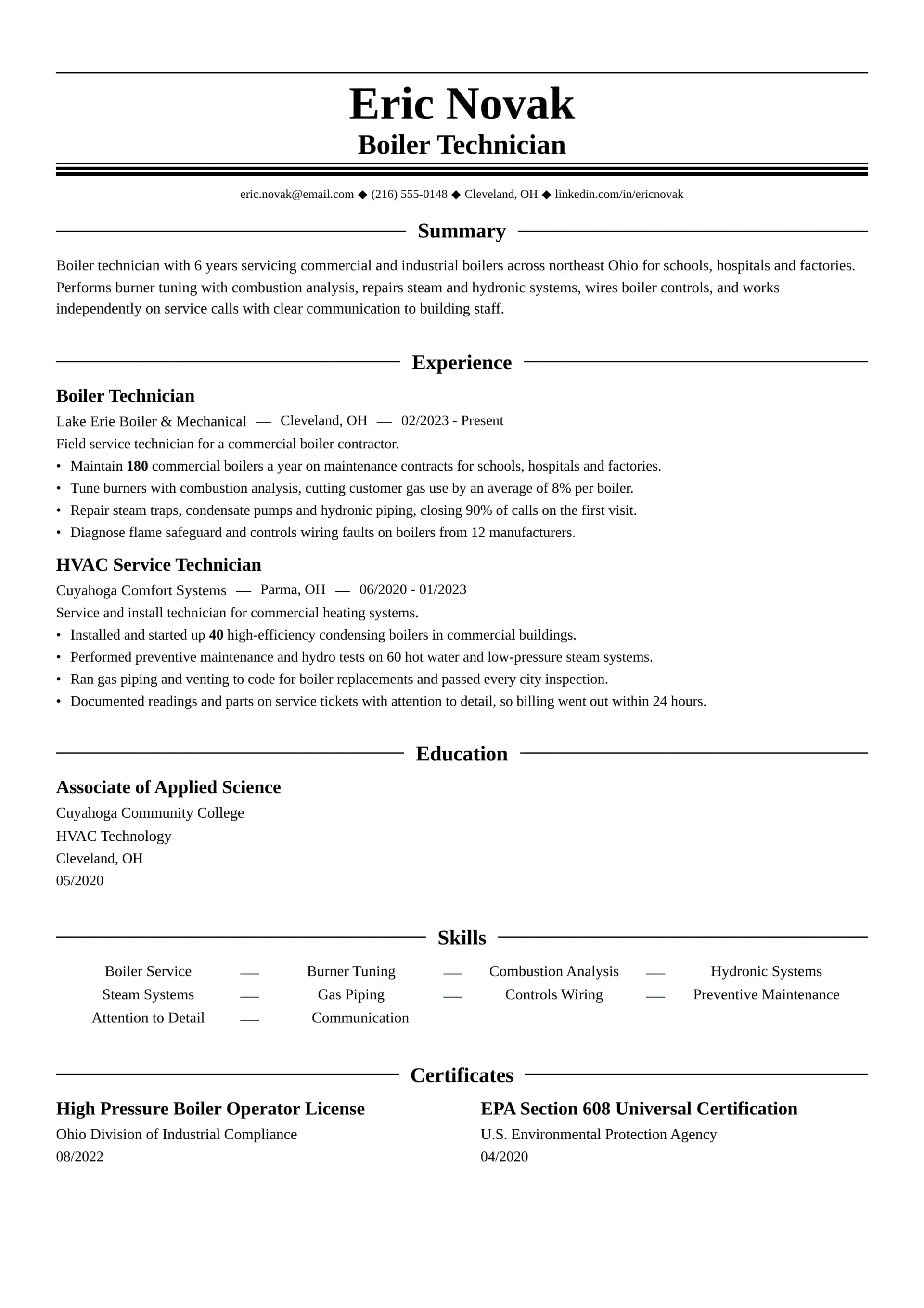Boiler Technician resume example