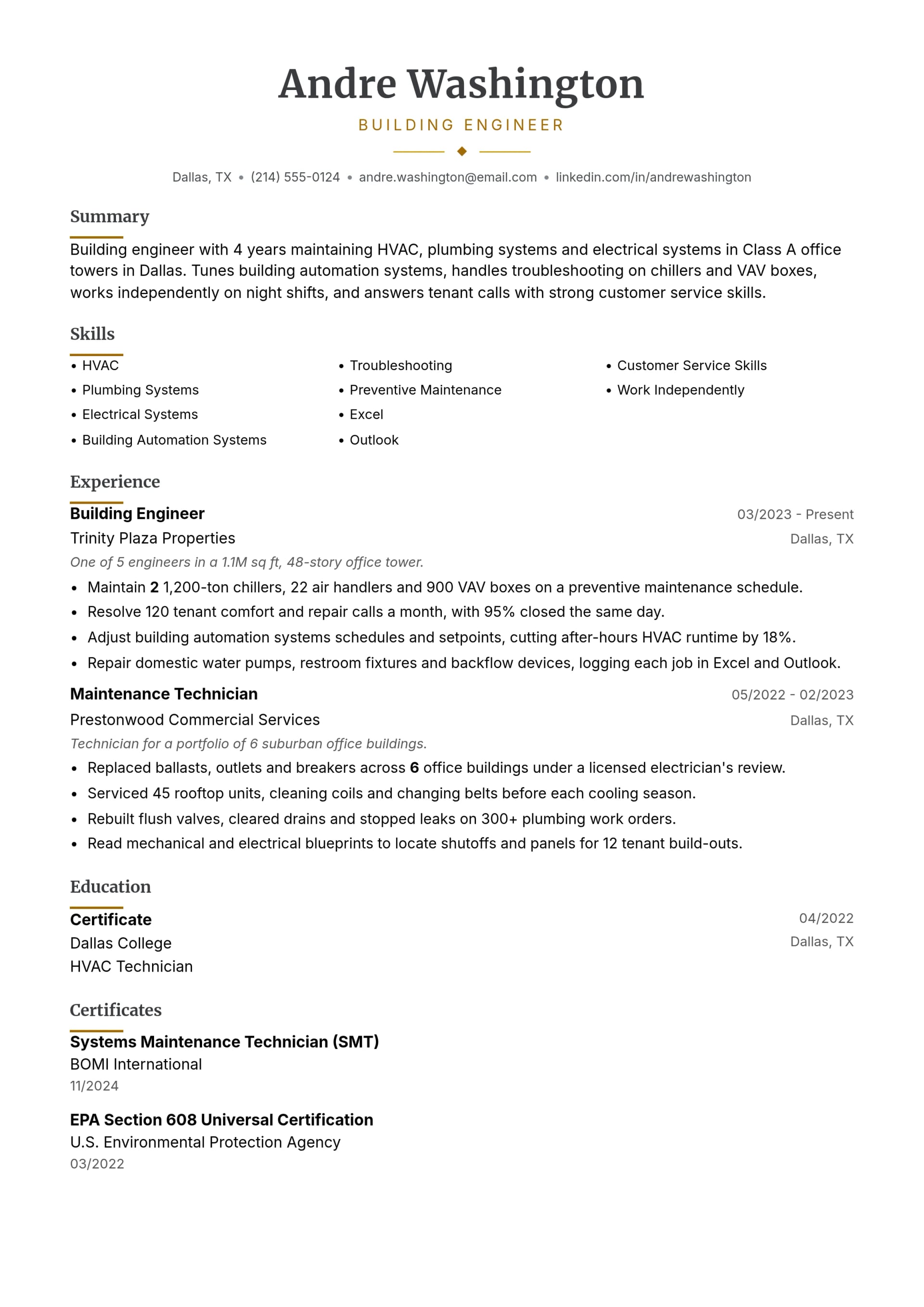 Building Engineer resume example