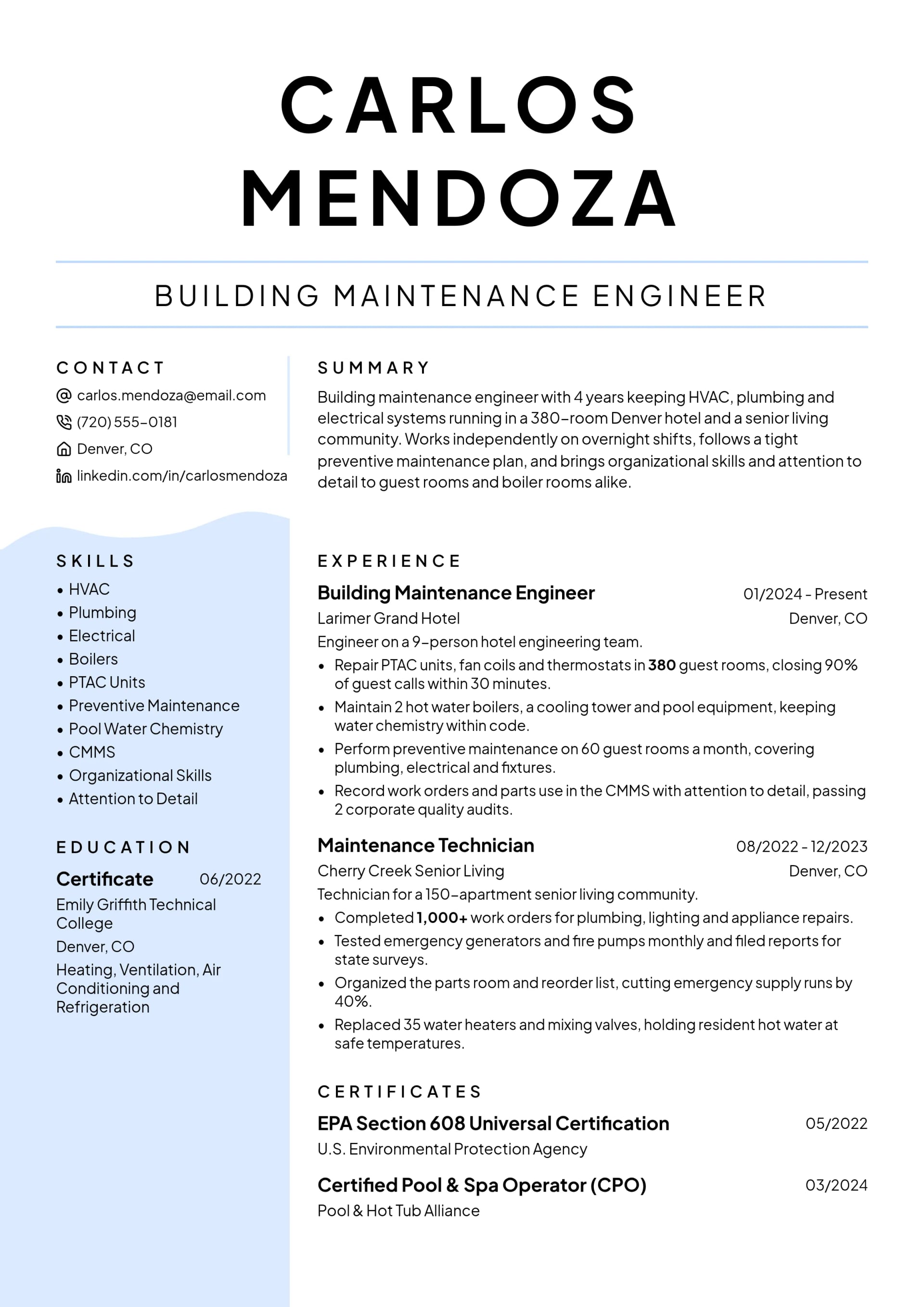 Building Maintenance Engineer resume example