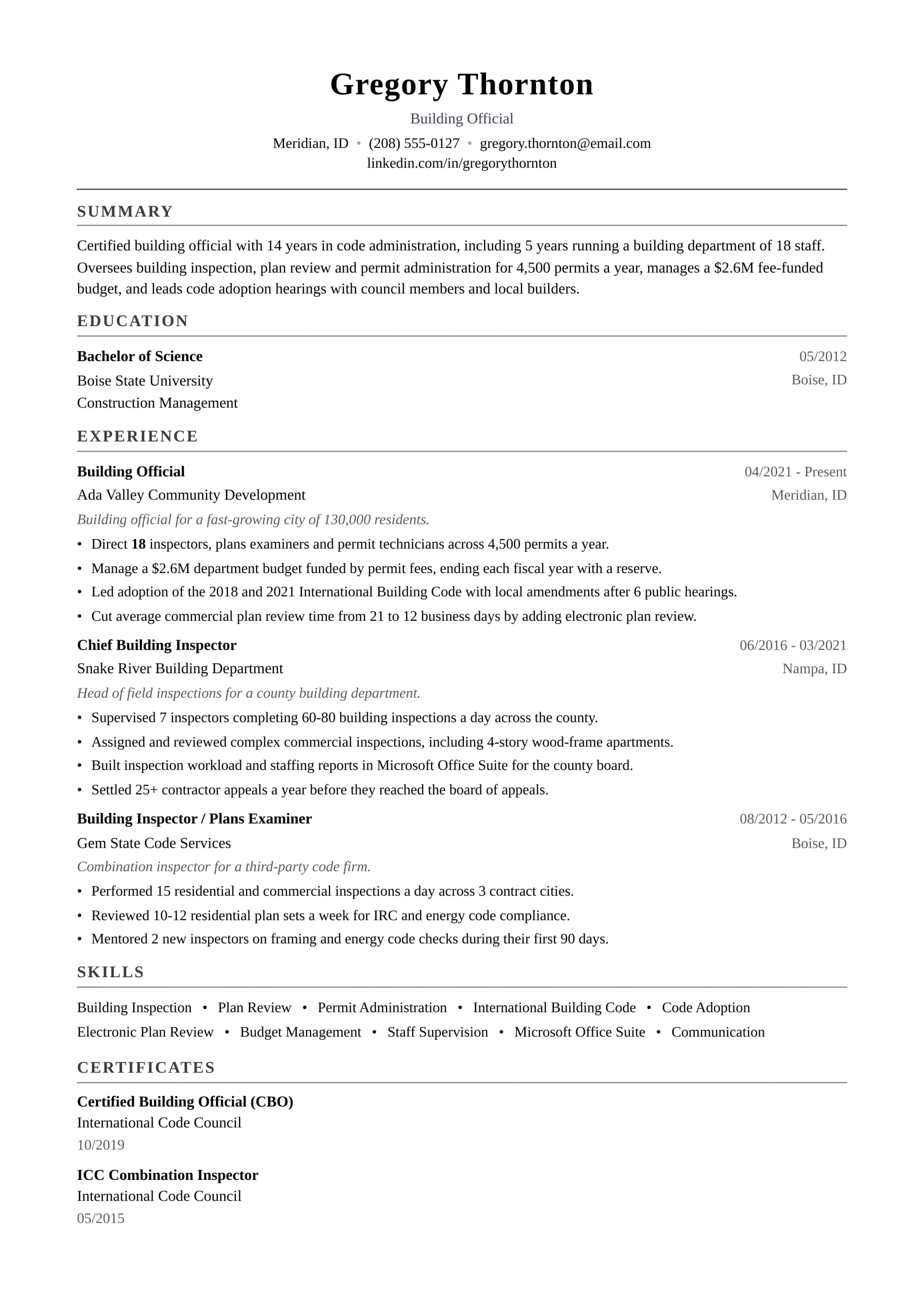 Building Official resume example