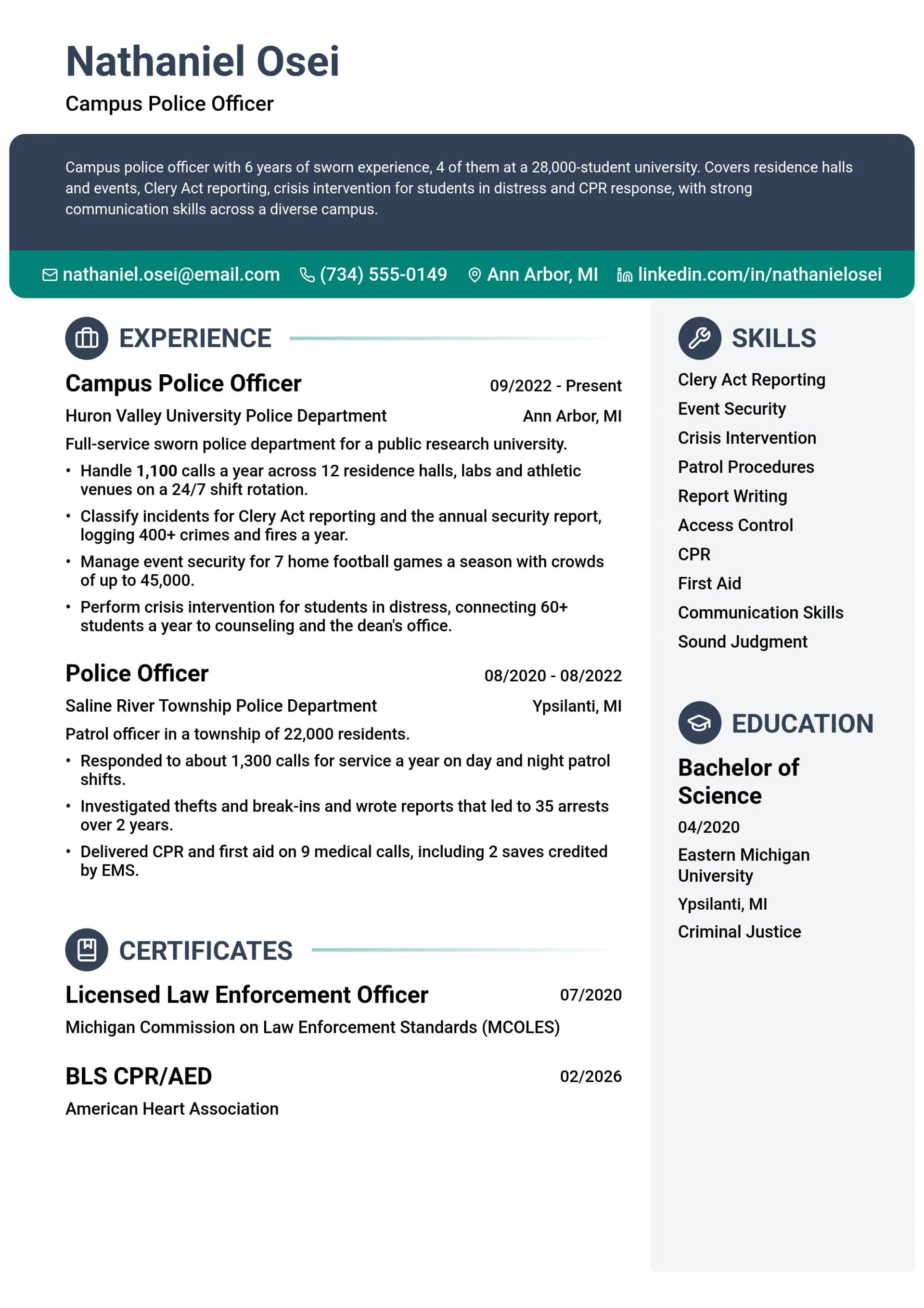 Campus Police Officer resume example