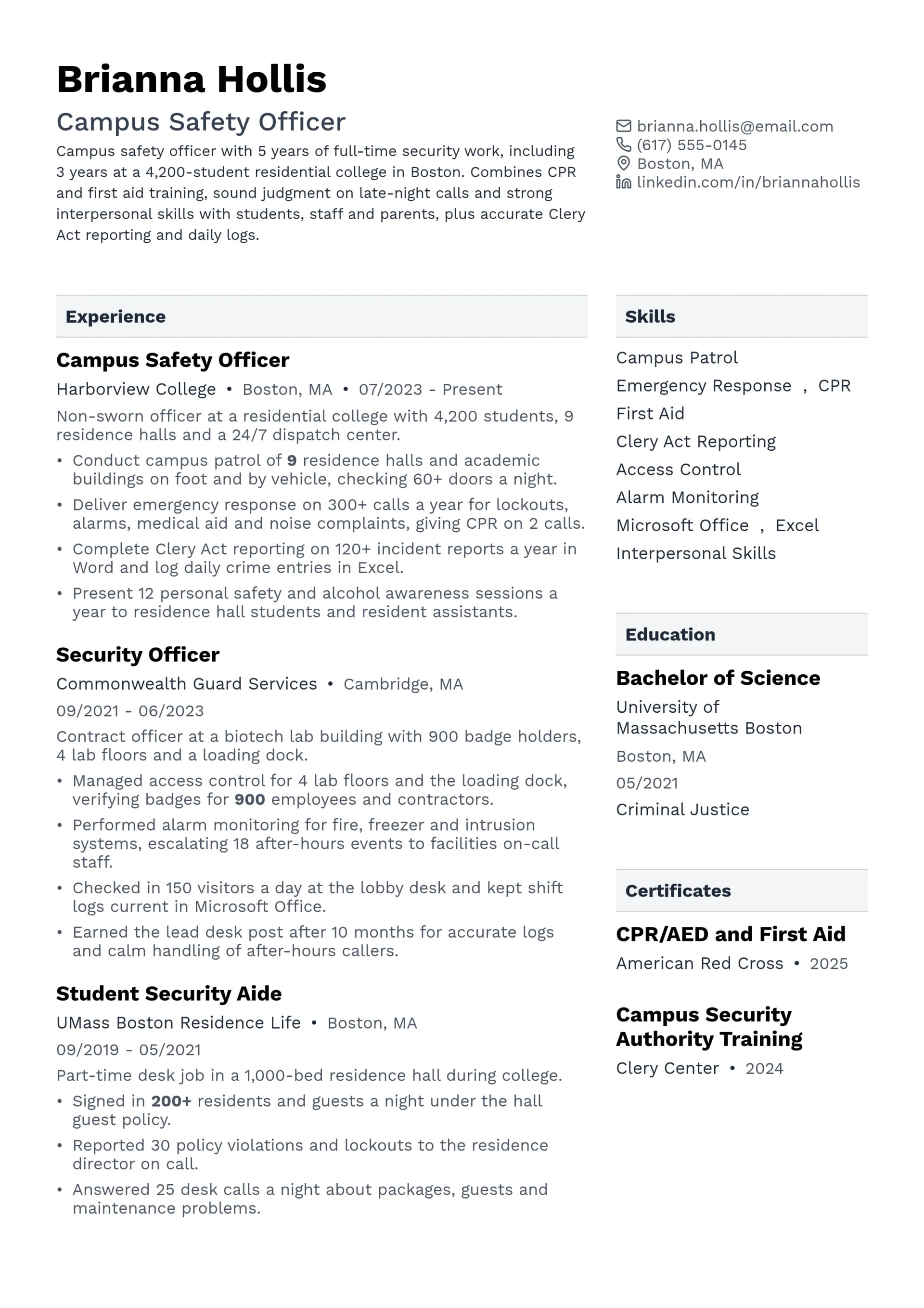 Campus Safety Officer resume example