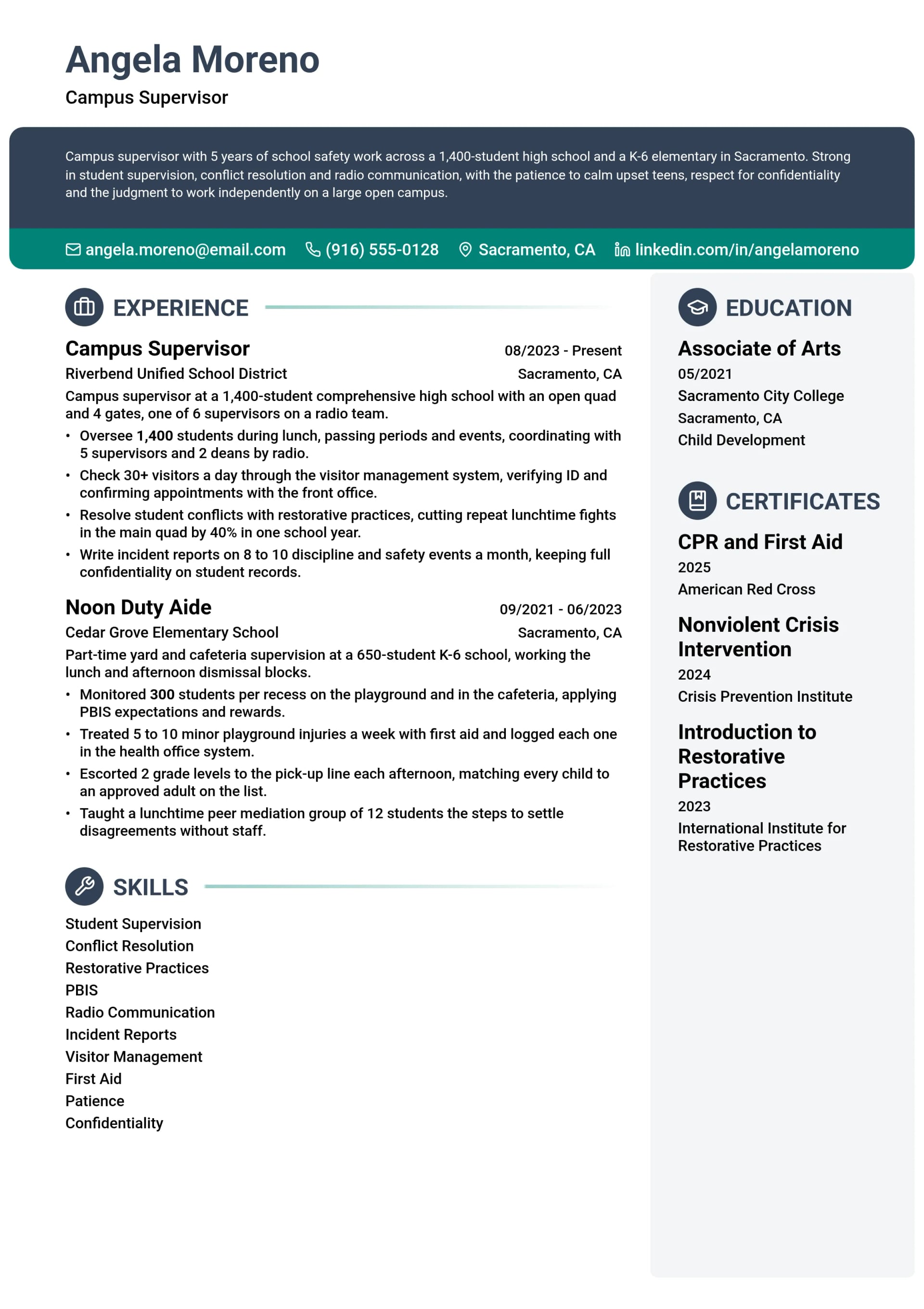 Campus Supervisor resume example
