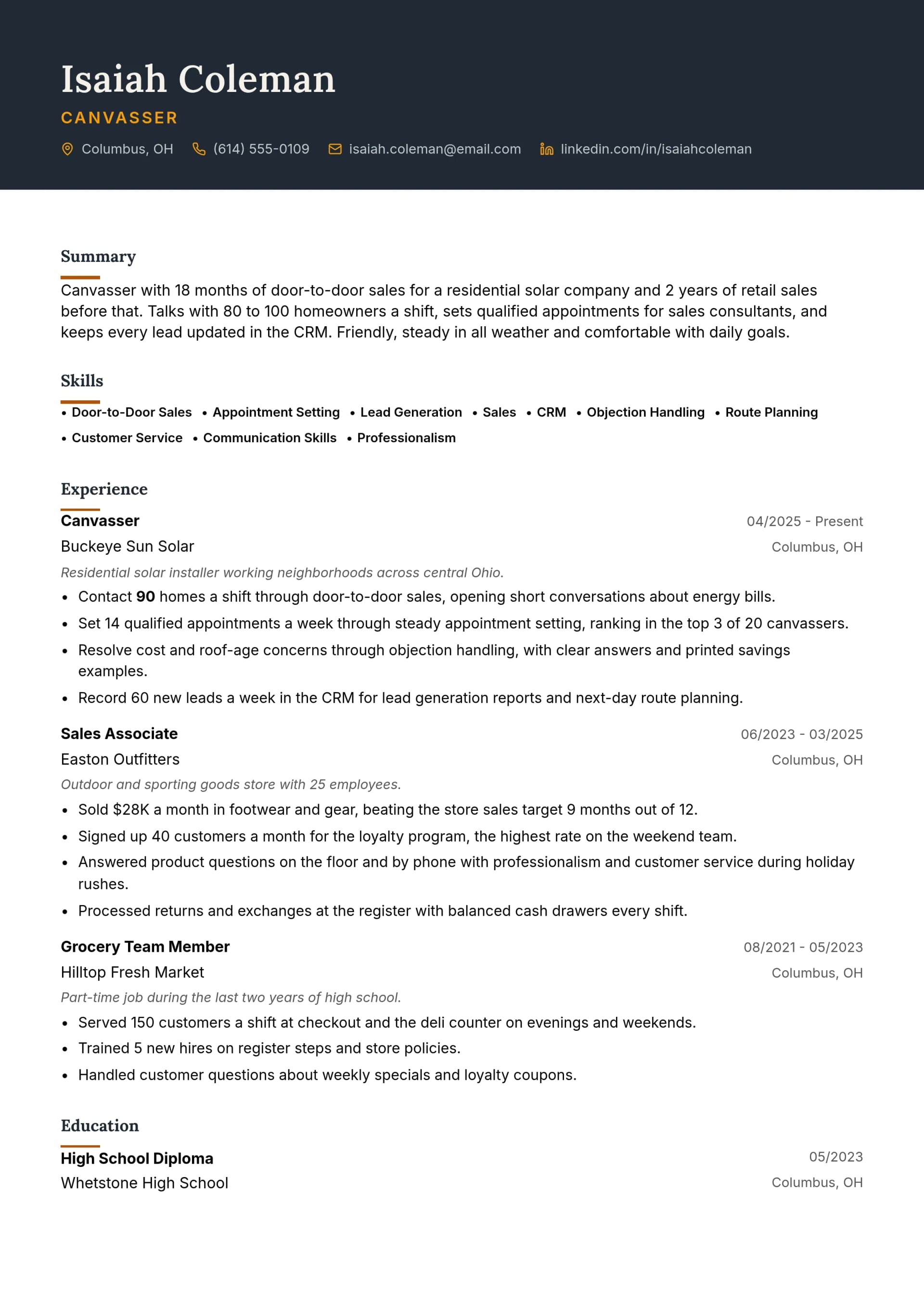 Canvasser resume example