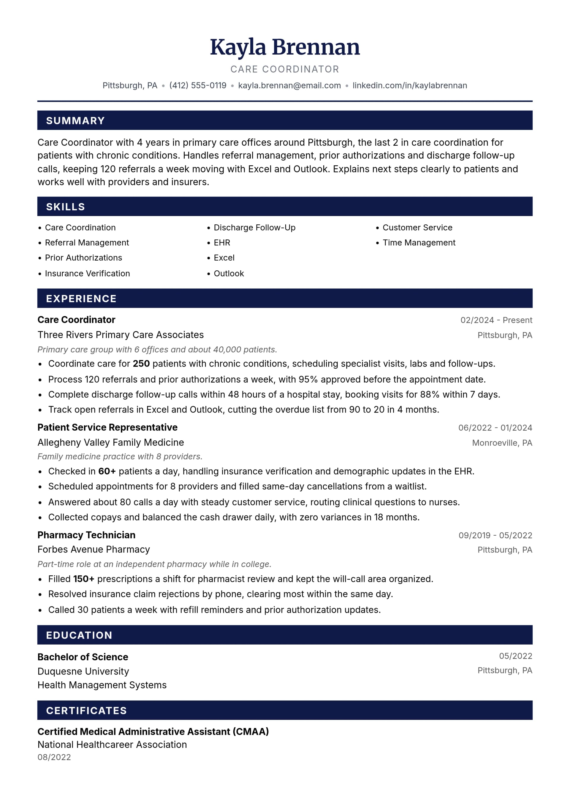 Care Coordinator resume example