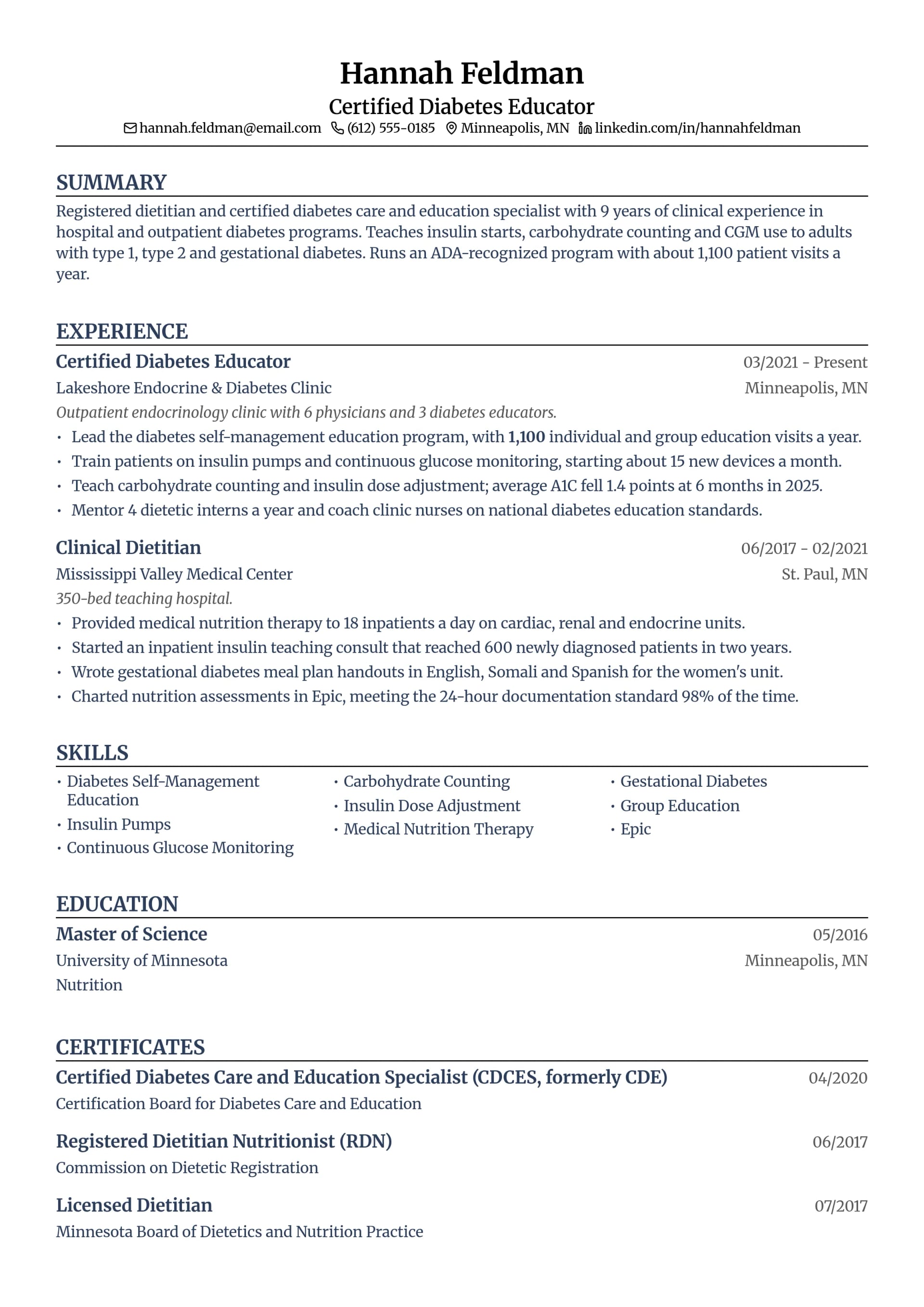 Certified Diabetes Educator resume example