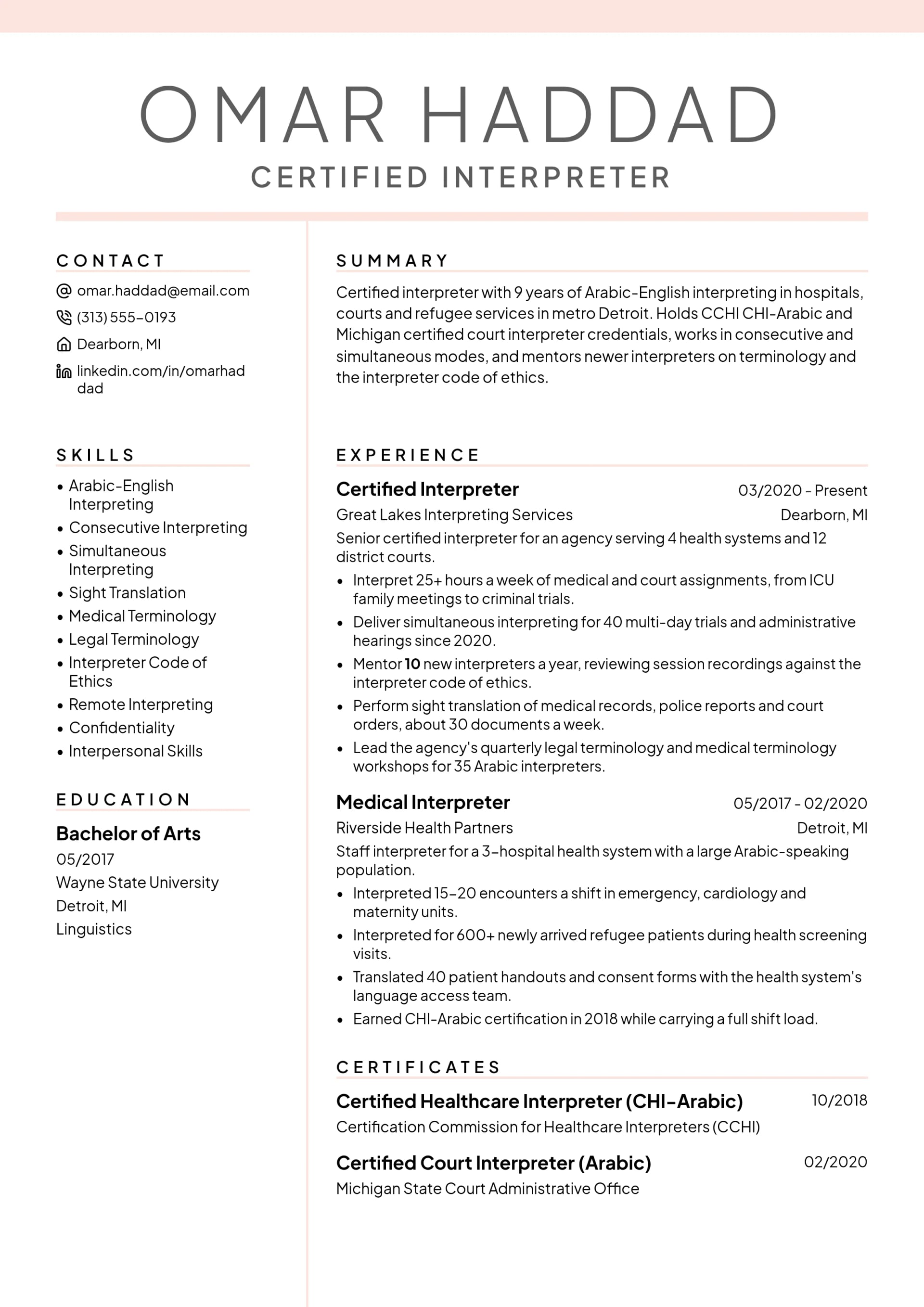 Certified Interpreter resume example