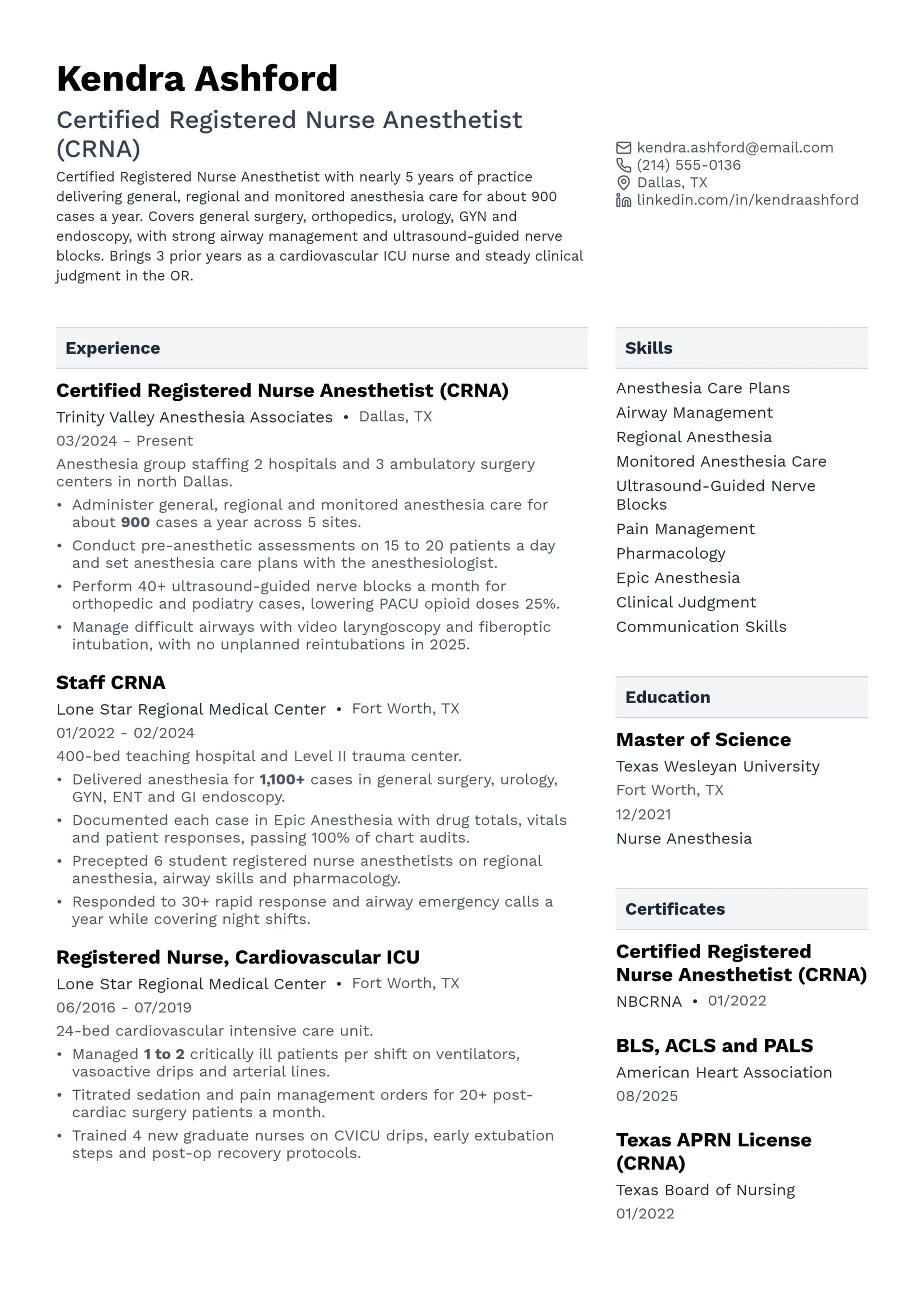 Certified Registered Nurse Anesthetist (CRNA) resume example