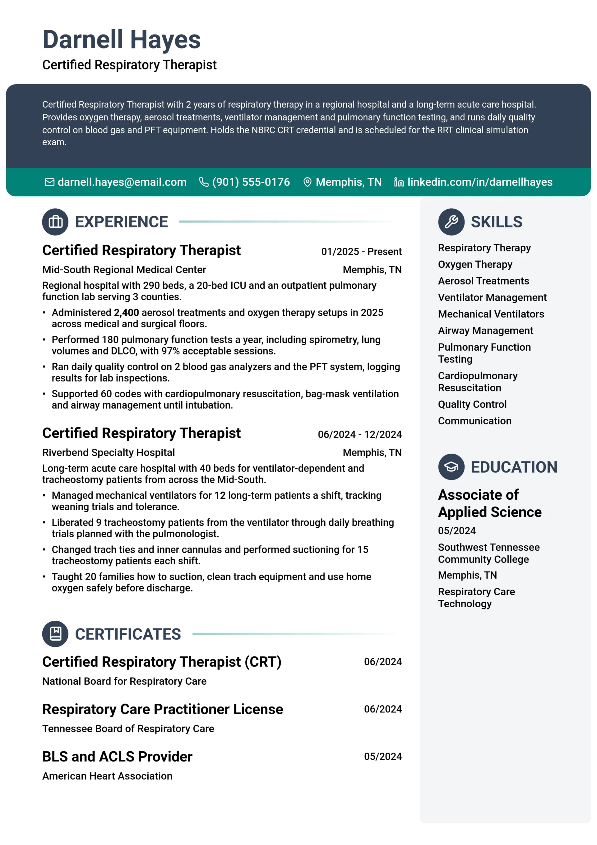 Certified Respiratory Therapist resume example