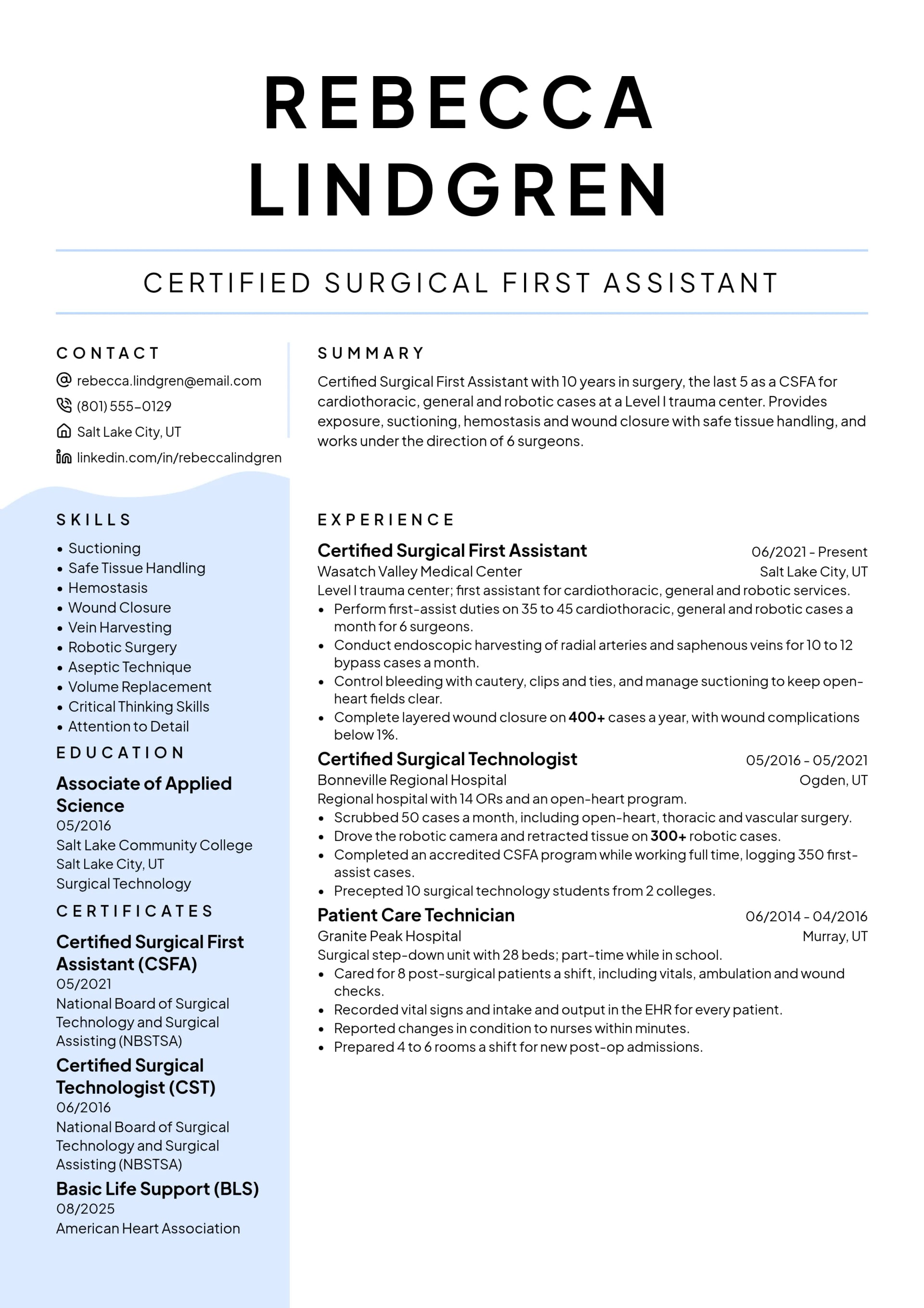 Certified Surgical First Assistant resume example