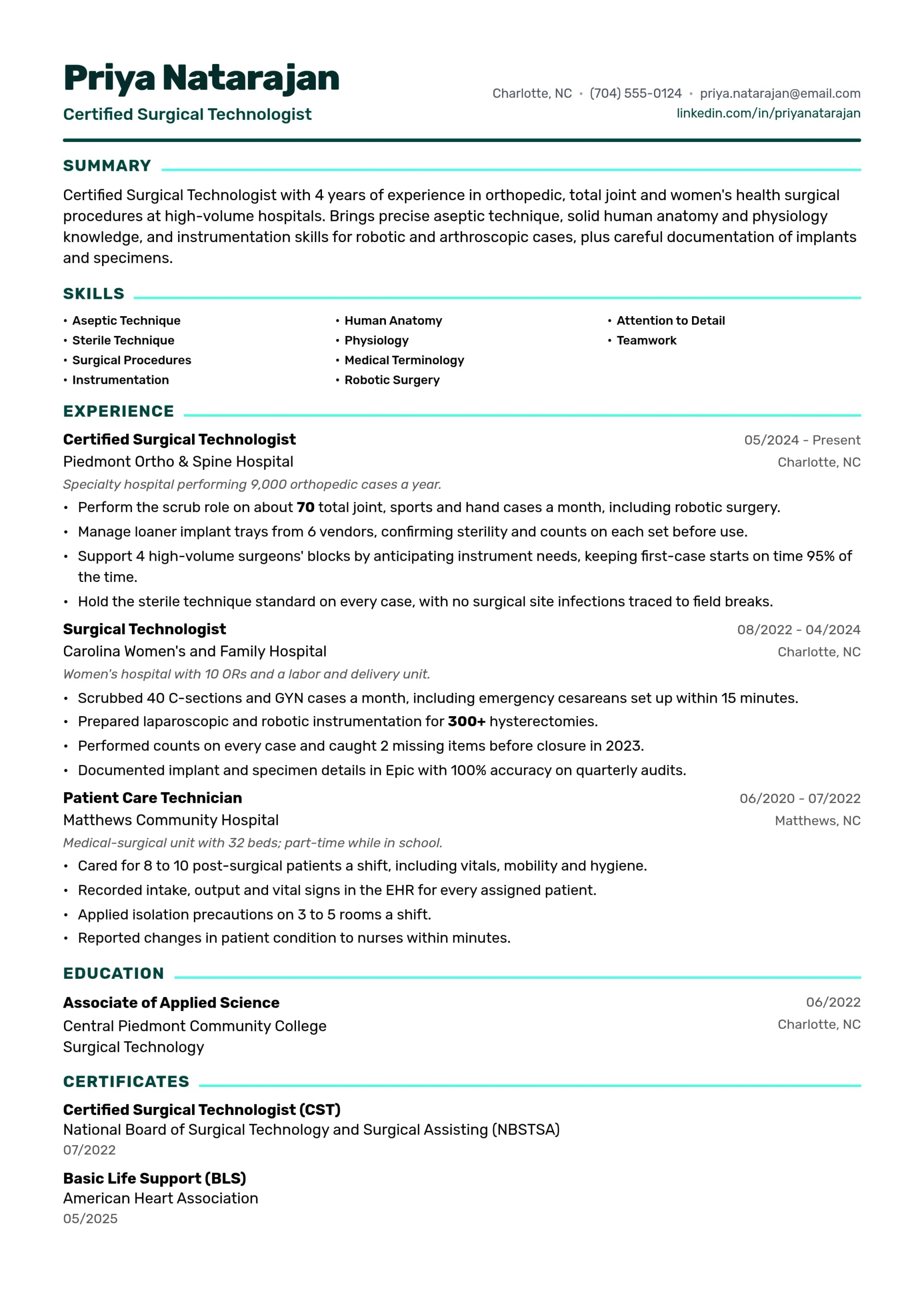 Certified Surgical Technologist resume example