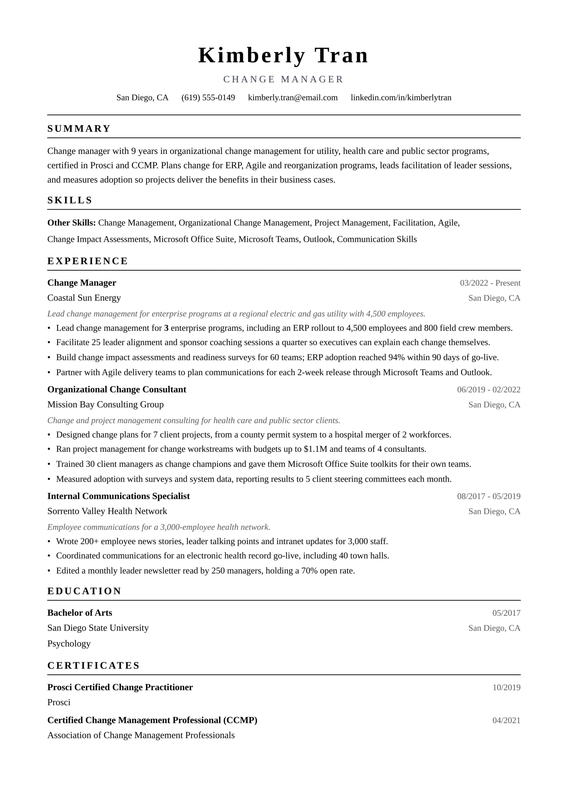 Change Manager resume example