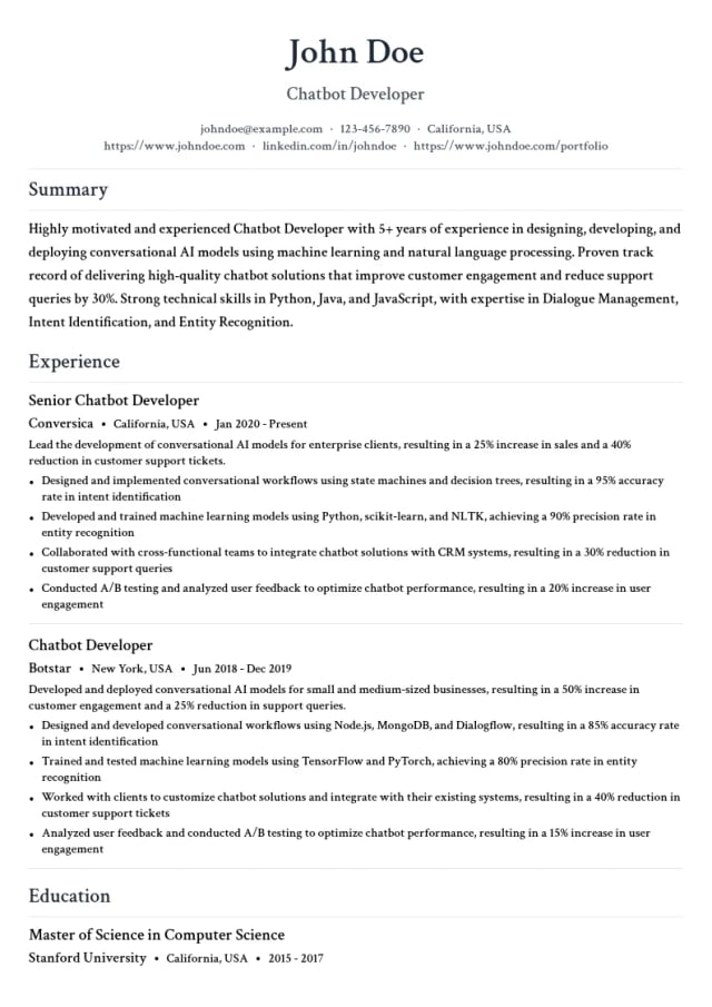 Chatbot Developer resume example
